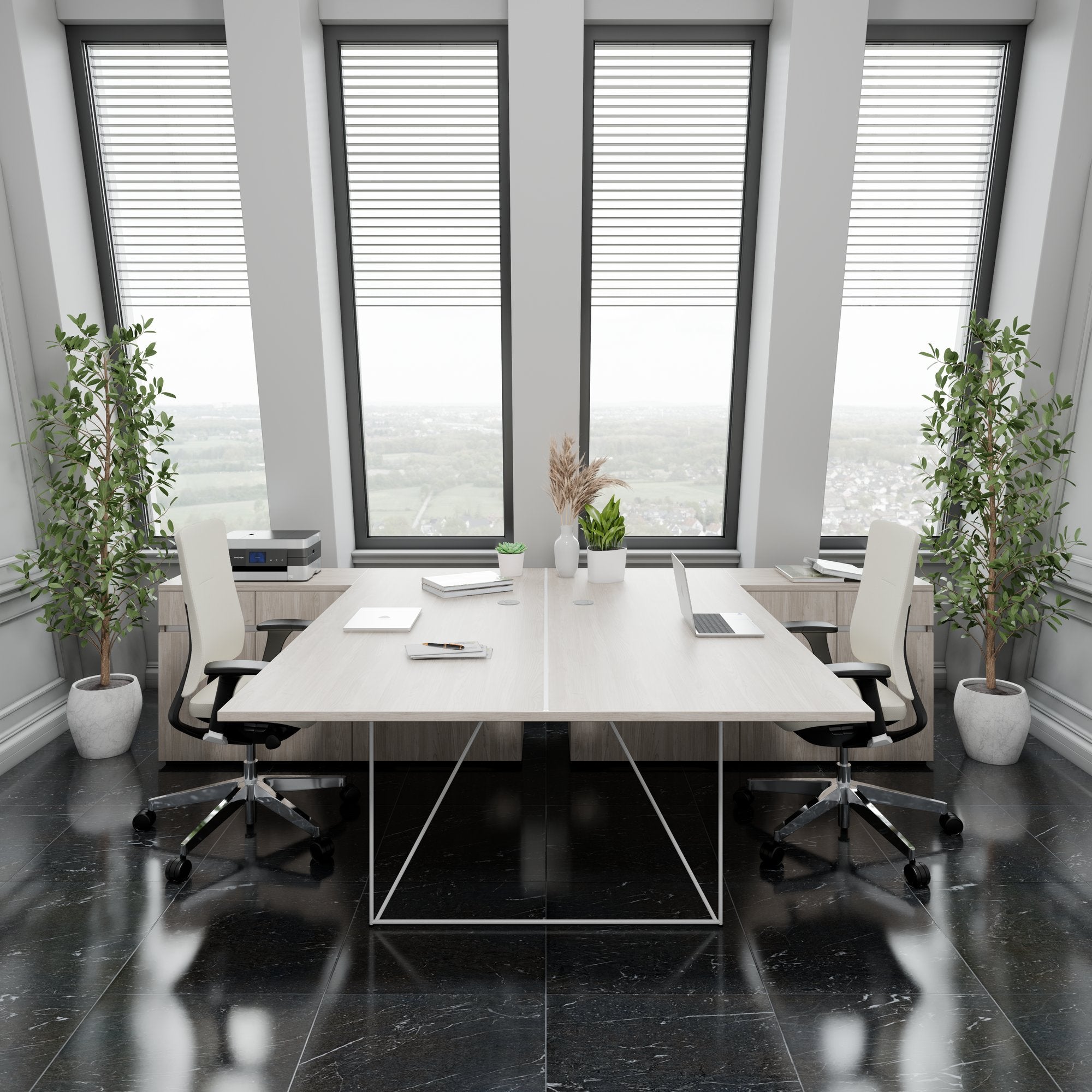 AIR DUO Desk del team con sideboard | 1600 - 2000 x 3200 mm, elettrificato, grigio di quercia nordica