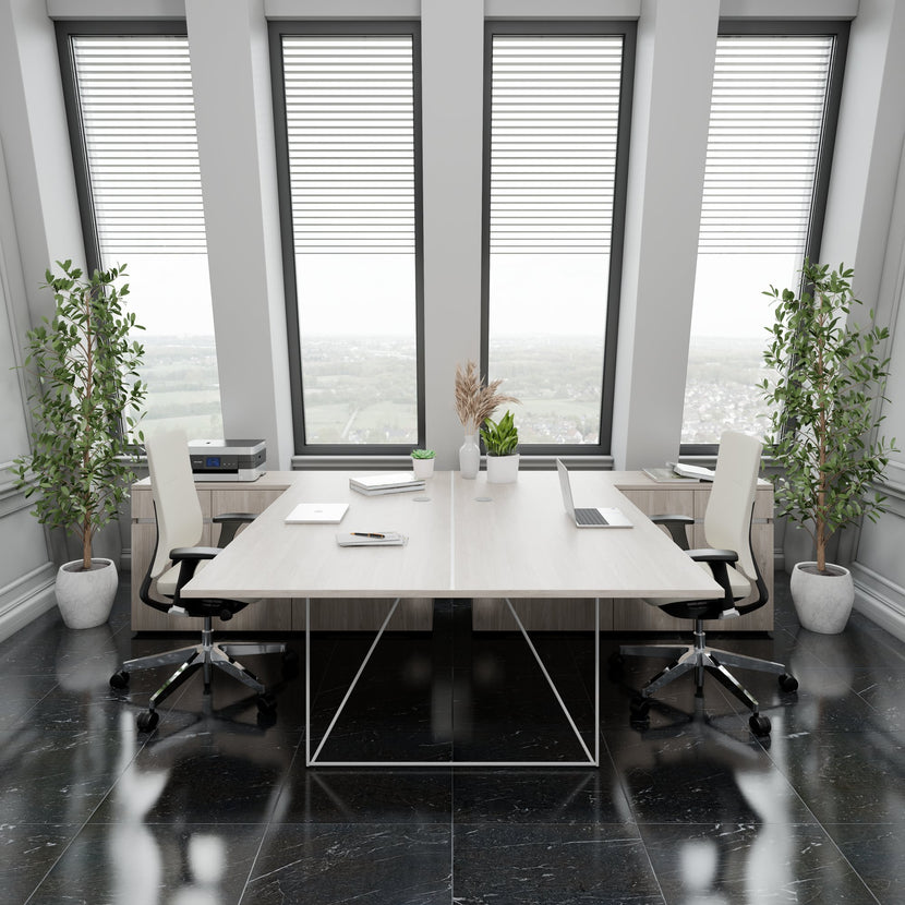 AIR DUO Desk del team con sideboard | 1600 - 2000 x 3200 mm, elettrificato, grigio di quercia nordica