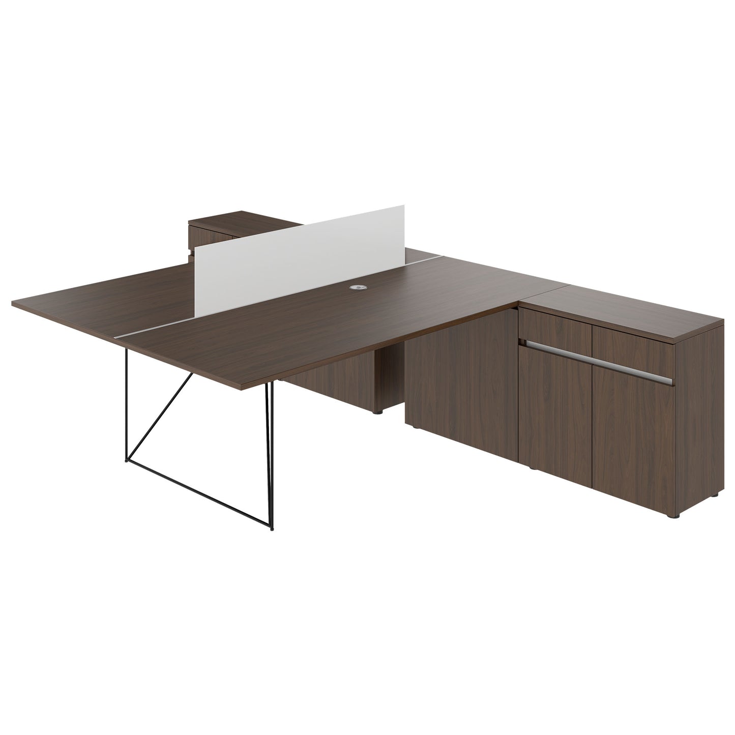 AIR DUO Team-Schreibtisch mit Sideboards | 1600 - 2000 x 3200 mm, elektrifiziert, Nussbaum