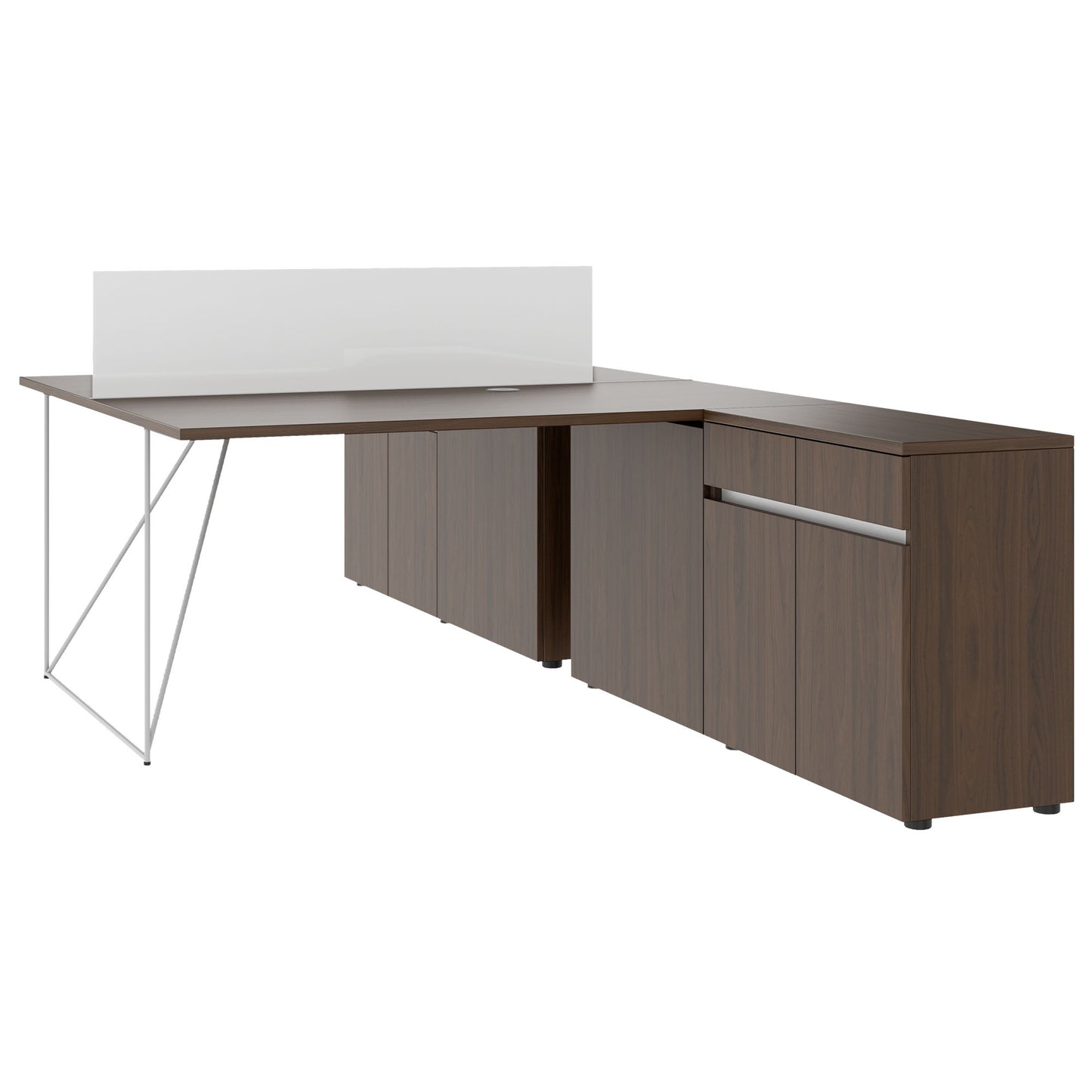 AIR DUO Team-Schreibtisch mit Sideboards | 1600 - 2000 x 3200 mm, elektrifiziert, Nussbaum