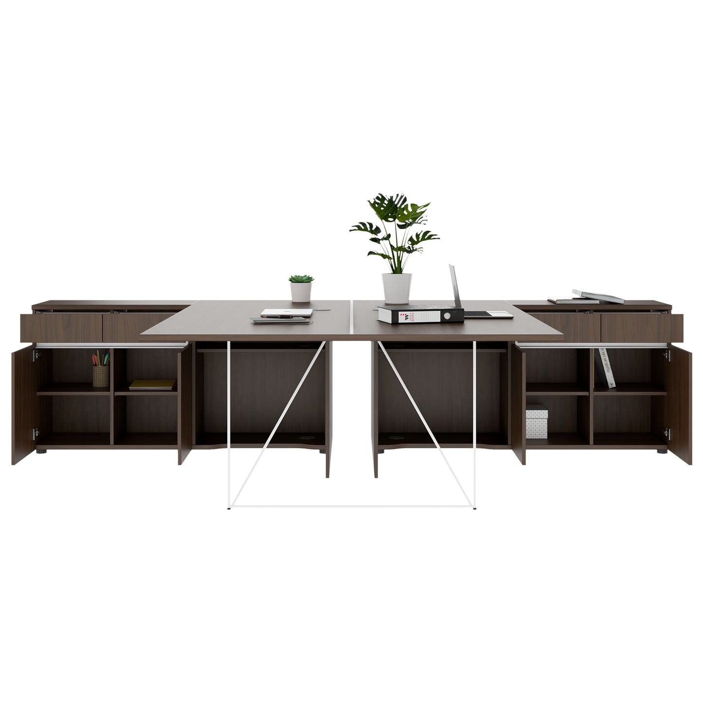AIR DUO Team-Schreibtisch mit Sideboards | 1600 - 2000 x 3200 mm, elektrifiziert, Nussbaum