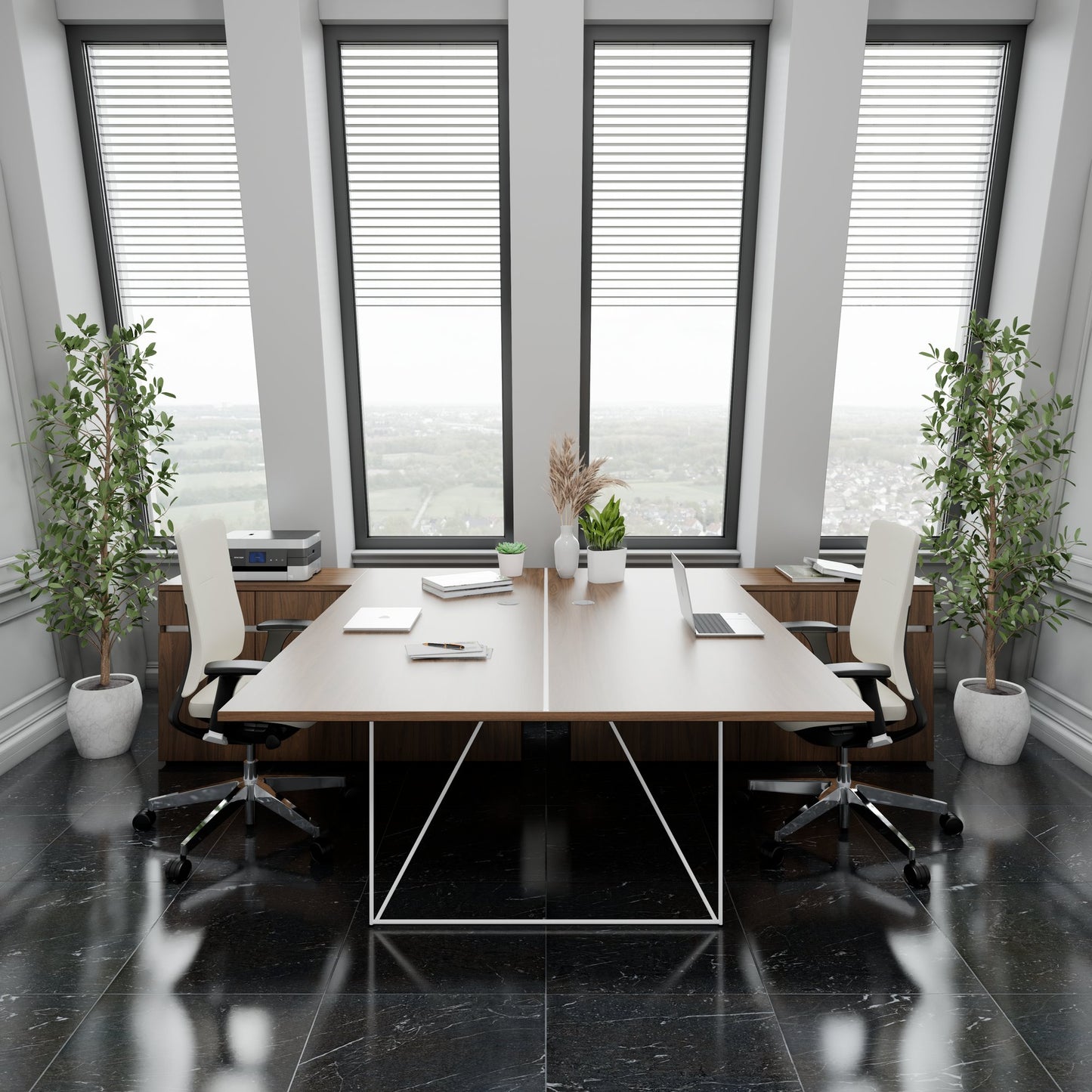 AIR DUO Team-Schreibtisch mit Sideboards | 1600 - 2000 x 3200 mm, elektrifiziert, Nussbaum