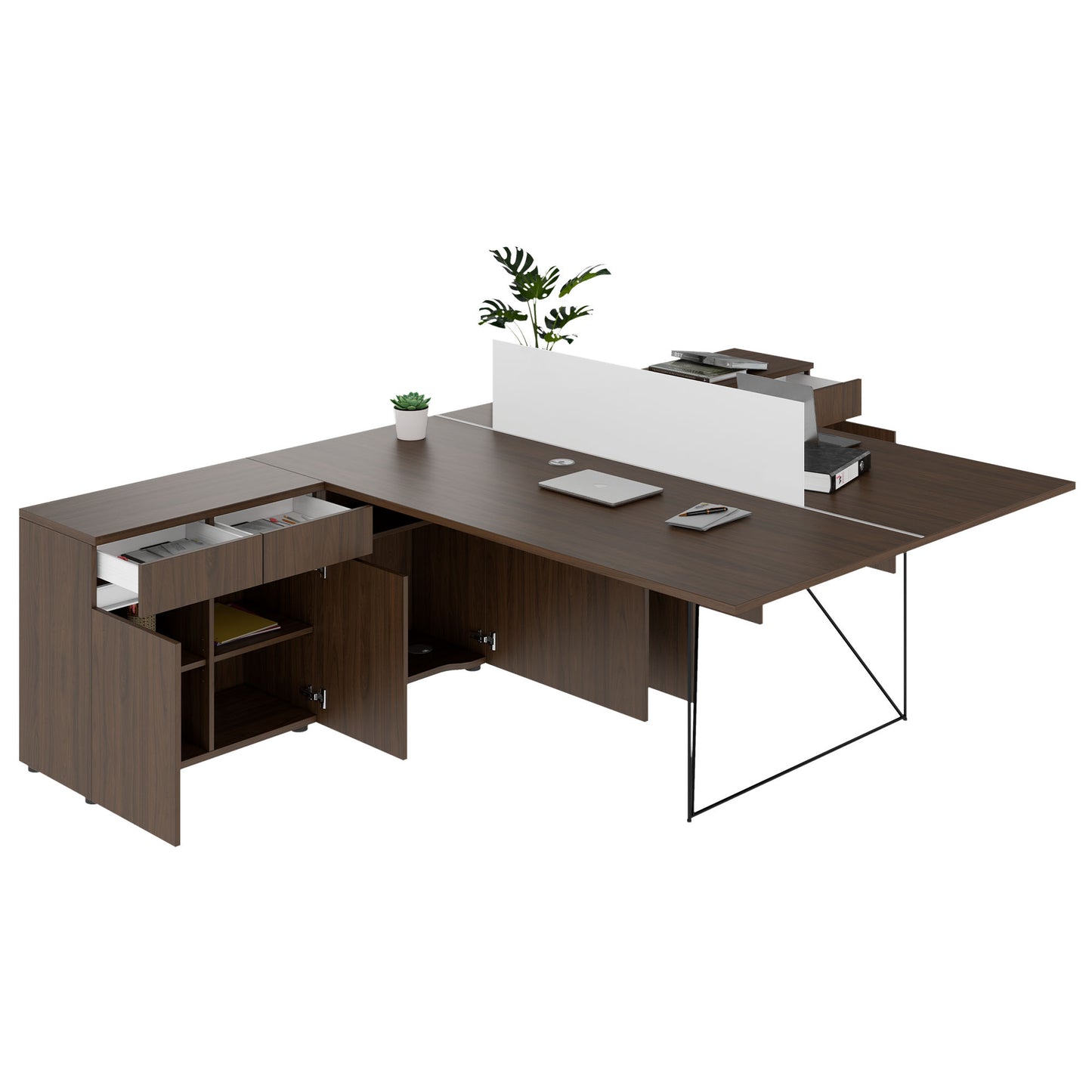 Bureau d'équipe AIR DUO avec buffets | 1600 - 2000 x 3200 mm, électrifié, noyer