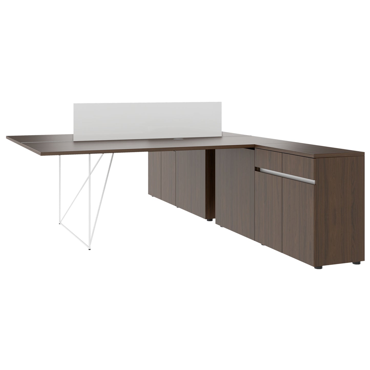 AIR DUO Team-Schreibtisch mit Sideboards | 1600 - 2000 x 3200 mm, elektrifiziert, Nussbaum