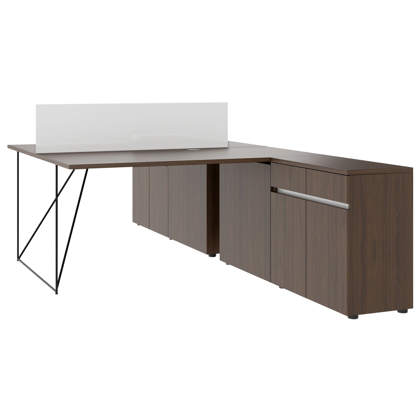 AIR DUO Team-Schreibtisch mit Sideboards | 1600 - 2000 x 3200 mm, elektrifiziert, Nussbaum