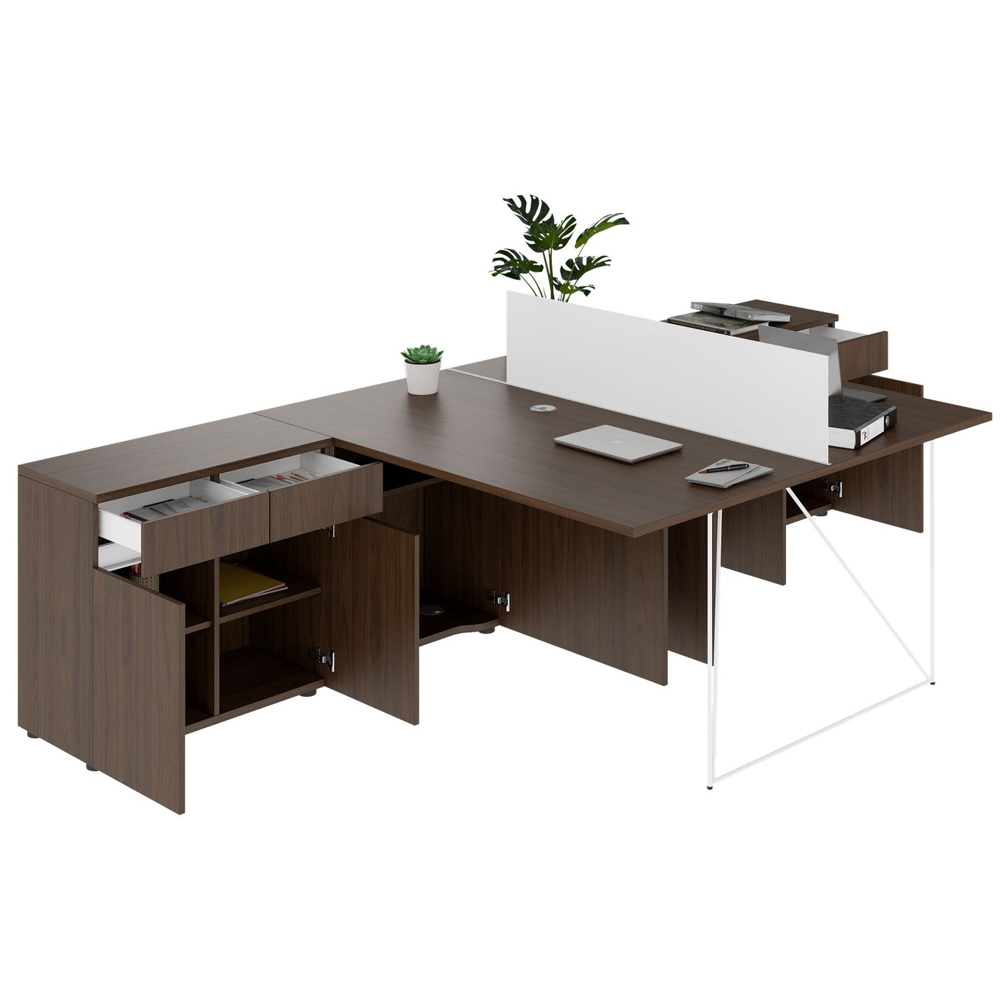 AIR DUO Team-Schreibtisch mit Sideboards | 1600 - 2000 x 3200 mm, elektrifiziert, Nussbaum