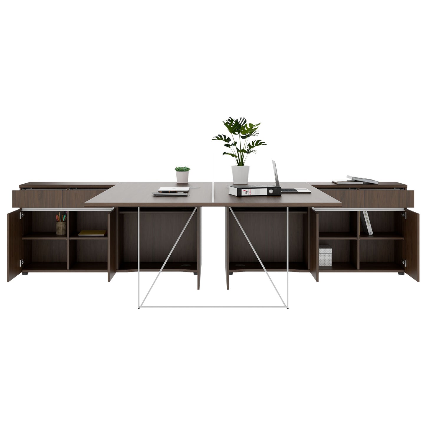 AIR DUO Team-Schreibtisch mit Sideboards | 1600 - 2000 x 3200 mm, elektrifiziert, Nussbaum
