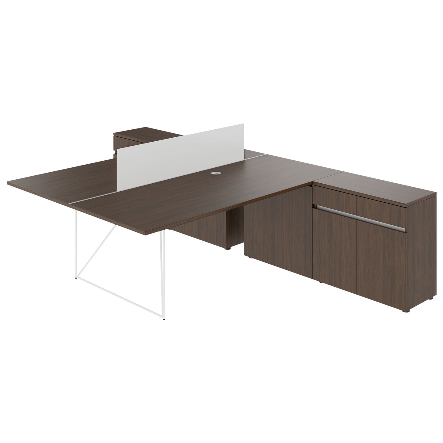 AIR DUO Team-Schreibtisch mit Sideboards | 1600 - 2000 x 3200 mm, elektrifiziert, Nussbaum