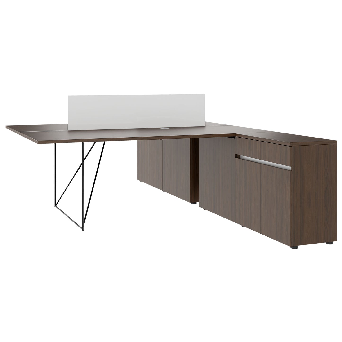 AIR DUO Team-Schreibtisch mit Sideboards | 1600 - 2000 x 3200 mm, elektrifiziert, Nussbaum