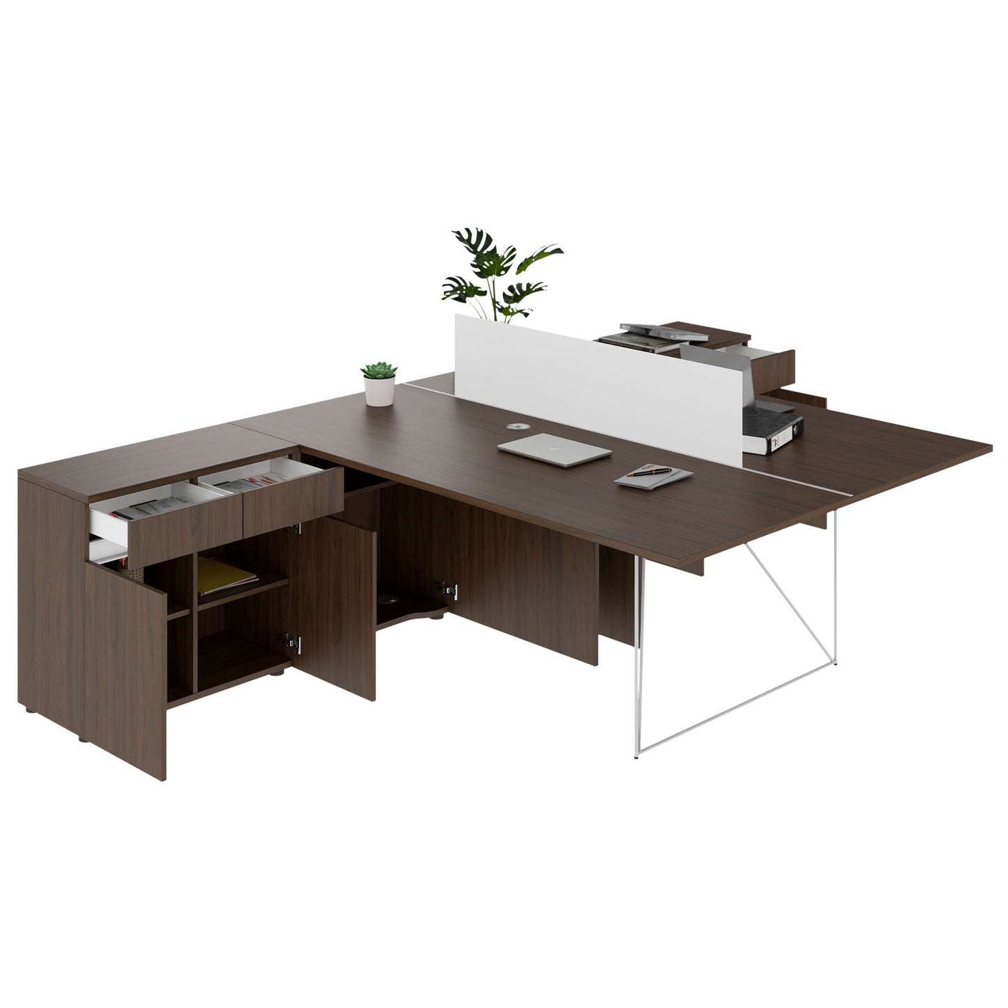 AIR DUO Team-Schreibtisch mit Sideboards | 1600 - 2000 x 3200 mm, elektrifiziert, Nussbaum