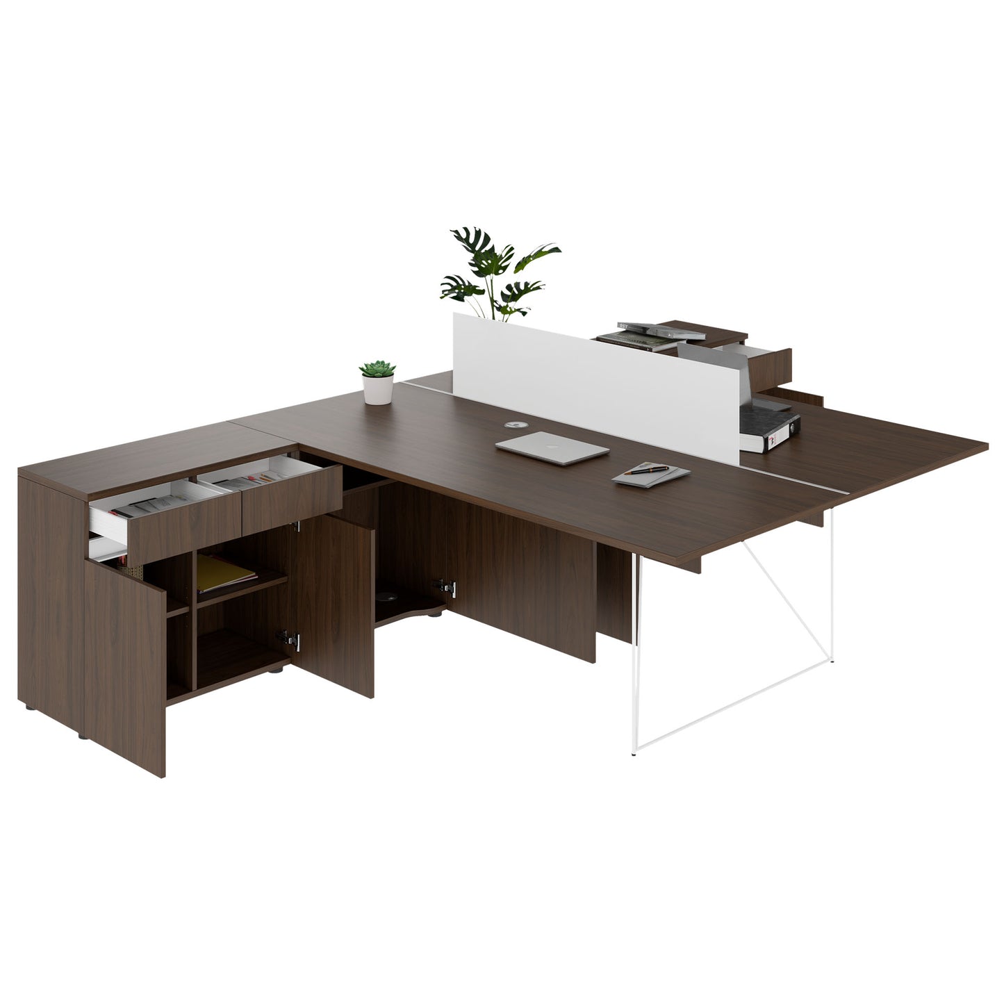 AIR DUO Team-Schreibtisch mit Sideboards | 1600 - 2000 x 3200 mm, elektrifiziert, Nussbaum