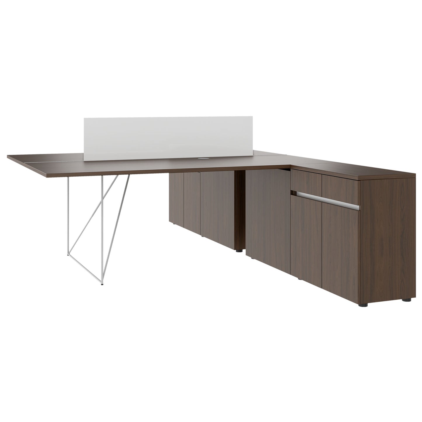 AIR DUO Team-Schreibtisch mit Sideboards | 1600 - 2000 x 3200 mm, elektrifiziert, Nussbaum