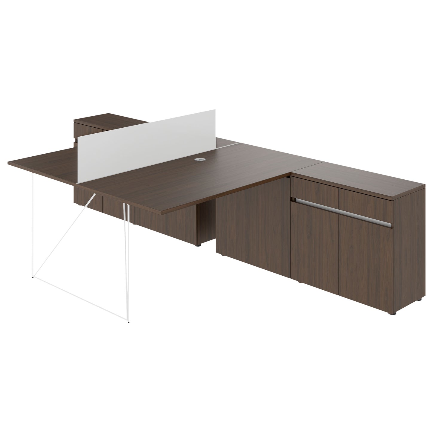 AIR DUO Team-Schreibtisch mit Sideboards | 1600 - 2000 x 3200 mm, elektrifiziert, Nussbaum