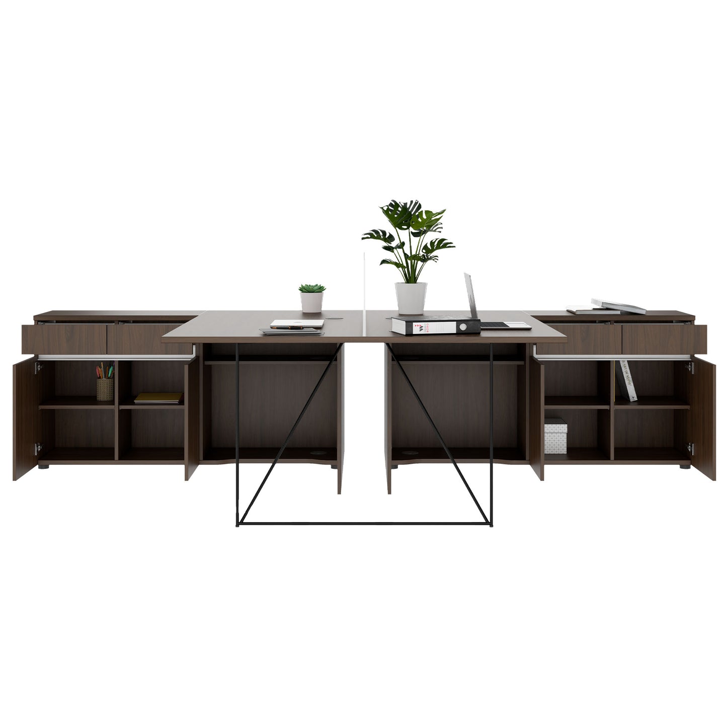 AIR DUO Team-Schreibtisch mit Sideboards | 1600 - 2000 x 3200 mm, elektrifiziert, Nussbaum