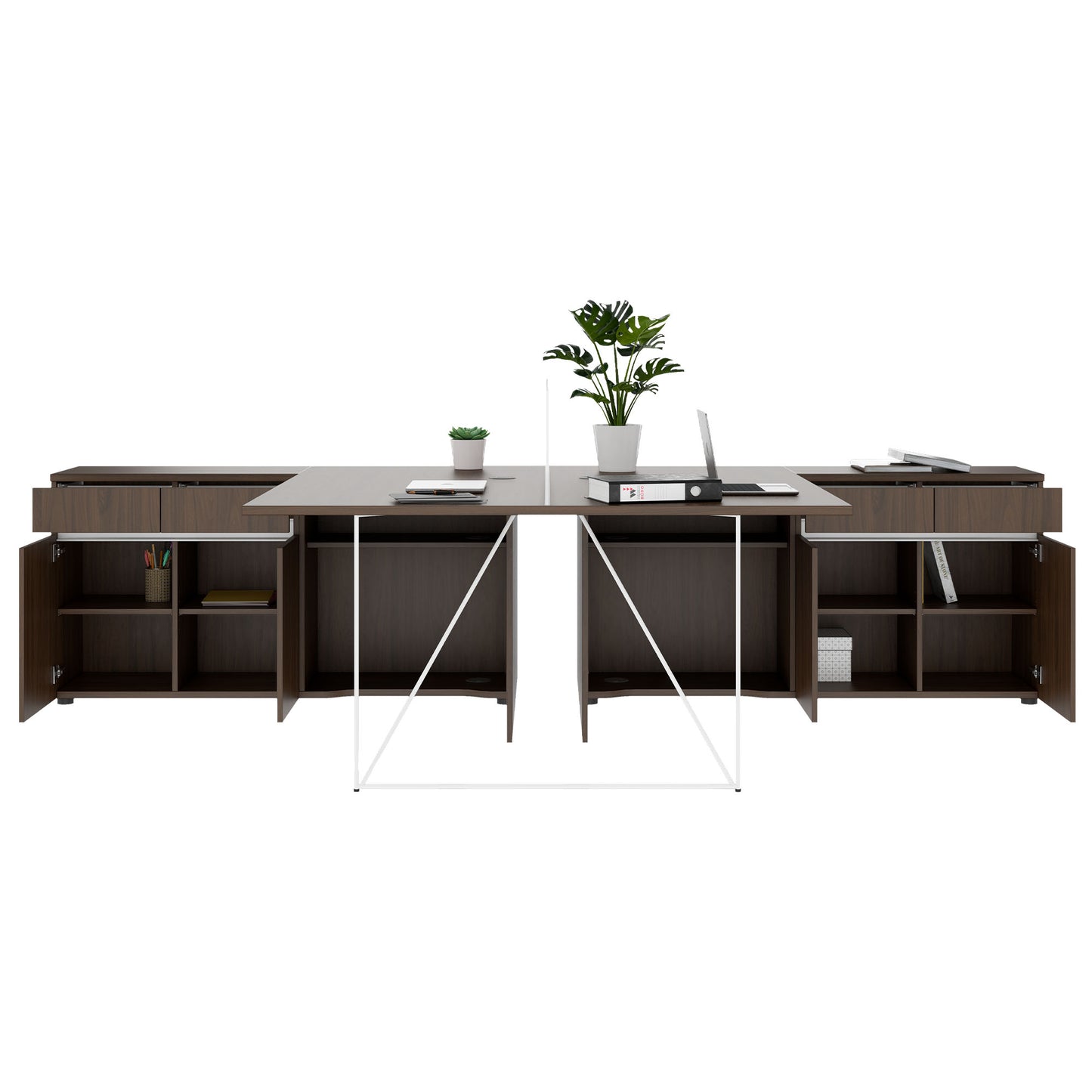 AIR DUO Team-Schreibtisch mit Sideboards | 1600 - 2000 x 3200 mm, elektrifiziert, Nussbaum