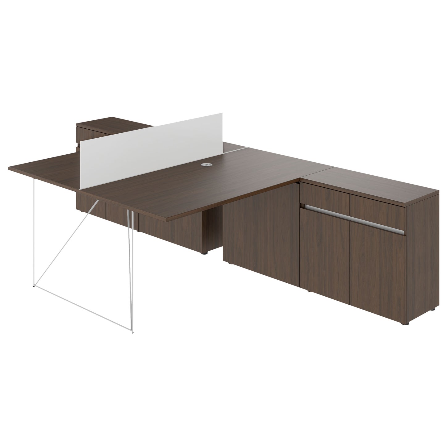 AIR DUO Team-Schreibtisch mit Sideboards | 1600 - 2000 x 3200 mm, elektrifiziert, Nussbaum