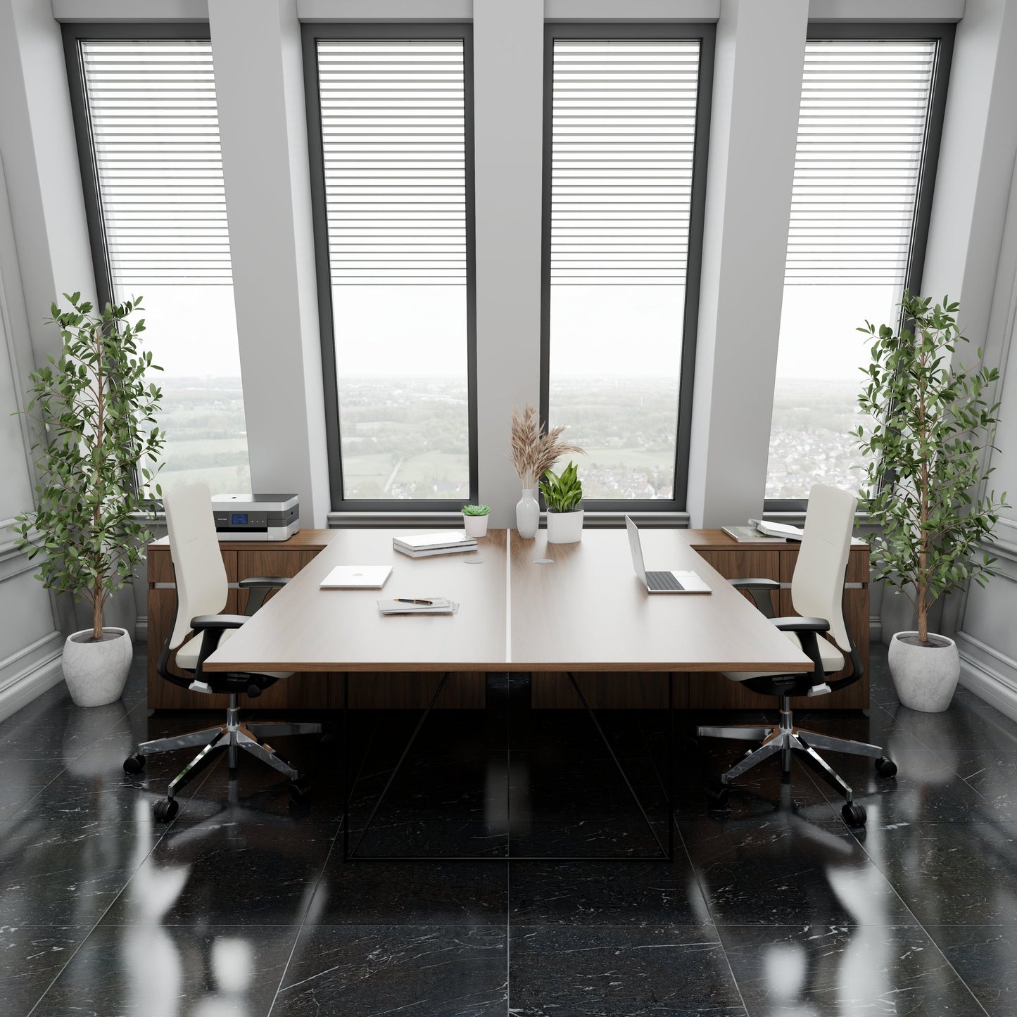 AIR DUO Desk del team con sideboard | 1600 - 2000 x 3200 mm, elettrificato, noce