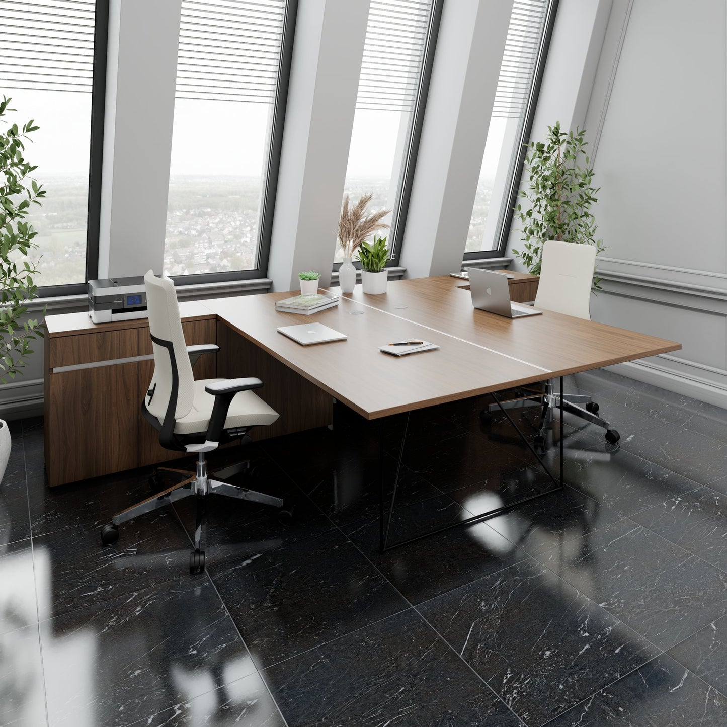 AIR DUO Team-Schreibtisch mit Sideboards | 1600 - 2000 x 3200 mm, elektrifiziert, Nussbaum