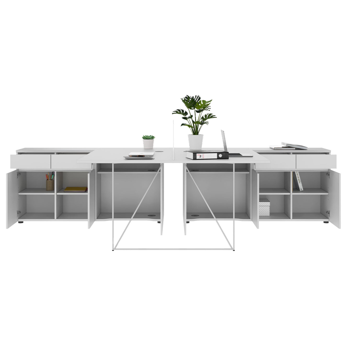 AIR DUO Team-Schreibtisch mit Sideboards | 1600 - 2000 x 3200 mm, elektrifiziert, Perlgrau