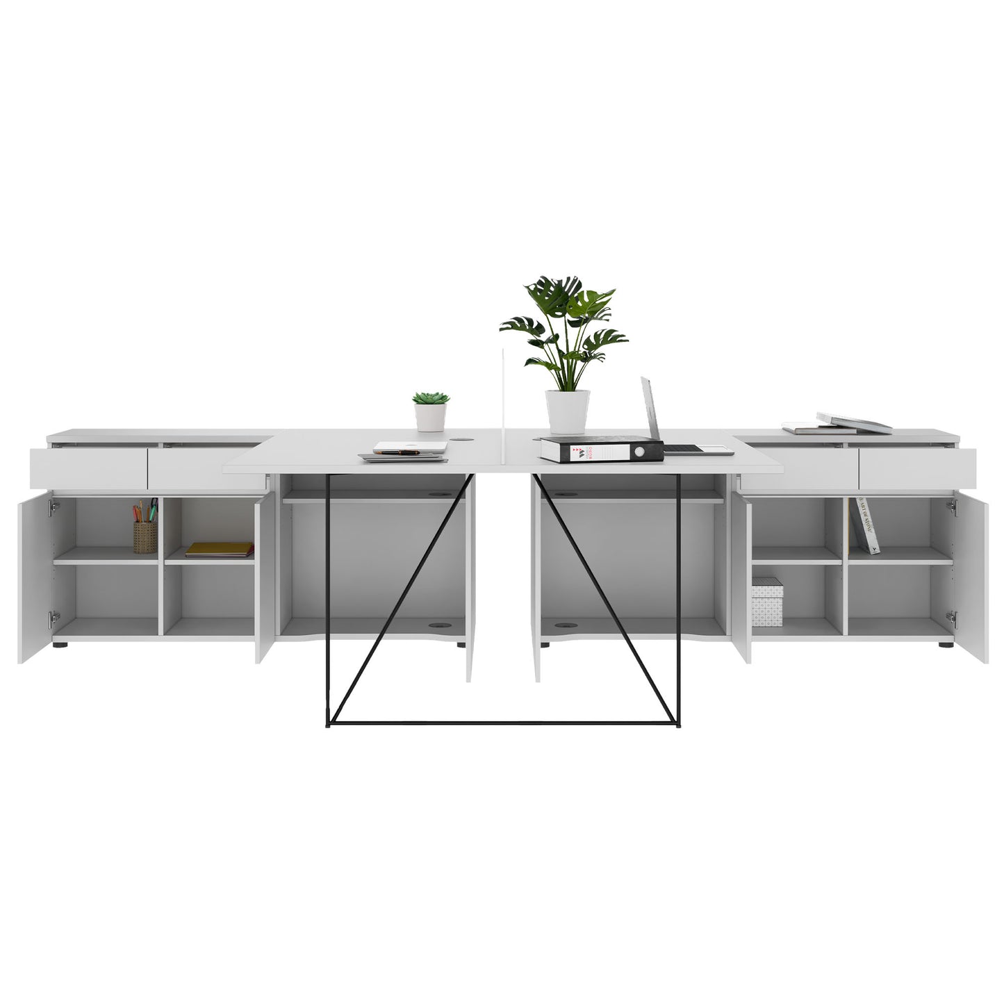 AIR DUO Team-Schreibtisch mit Sideboards | 1600 - 2000 x 3200 mm, elektrifiziert, Perlgrau