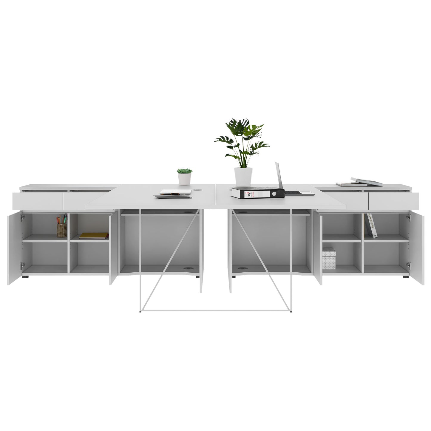 AIR DUO Team-Schreibtisch mit Sideboards | 1600 - 2000 x 3200 mm, elektrifiziert, Perlgrau
