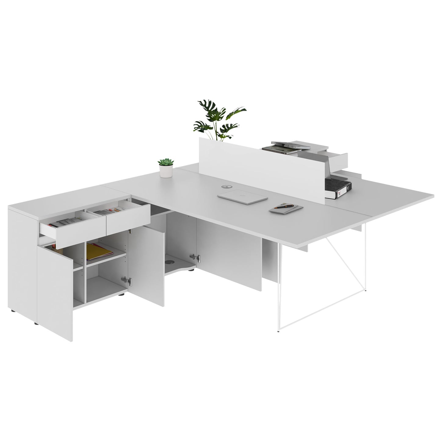 AIR DUO Team-Schreibtisch mit Sideboards | 1600 - 2000 x 3200 mm, elektrifiziert, Perlgrau