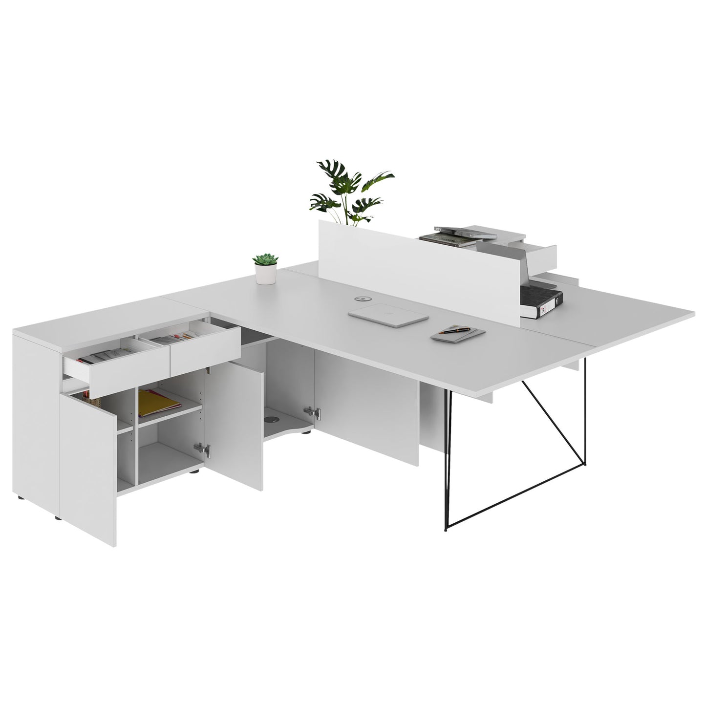 AIR DUO Team-Schreibtisch mit Sideboards | 1600 - 2000 x 3200 mm, elektrifiziert, Perlgrau