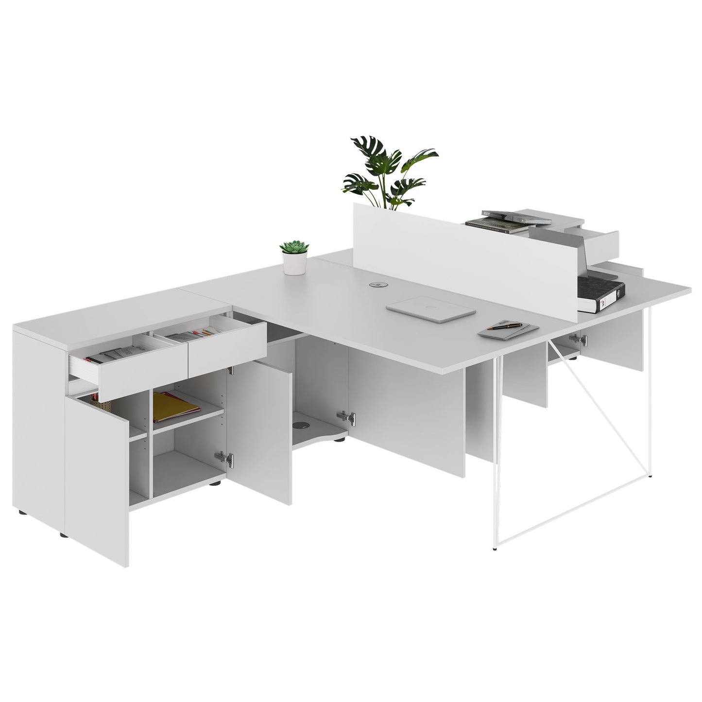 AIR DUO Team-Schreibtisch mit Sideboards | 1600 - 2000 x 3200 mm, elektrifiziert, Perlgrau