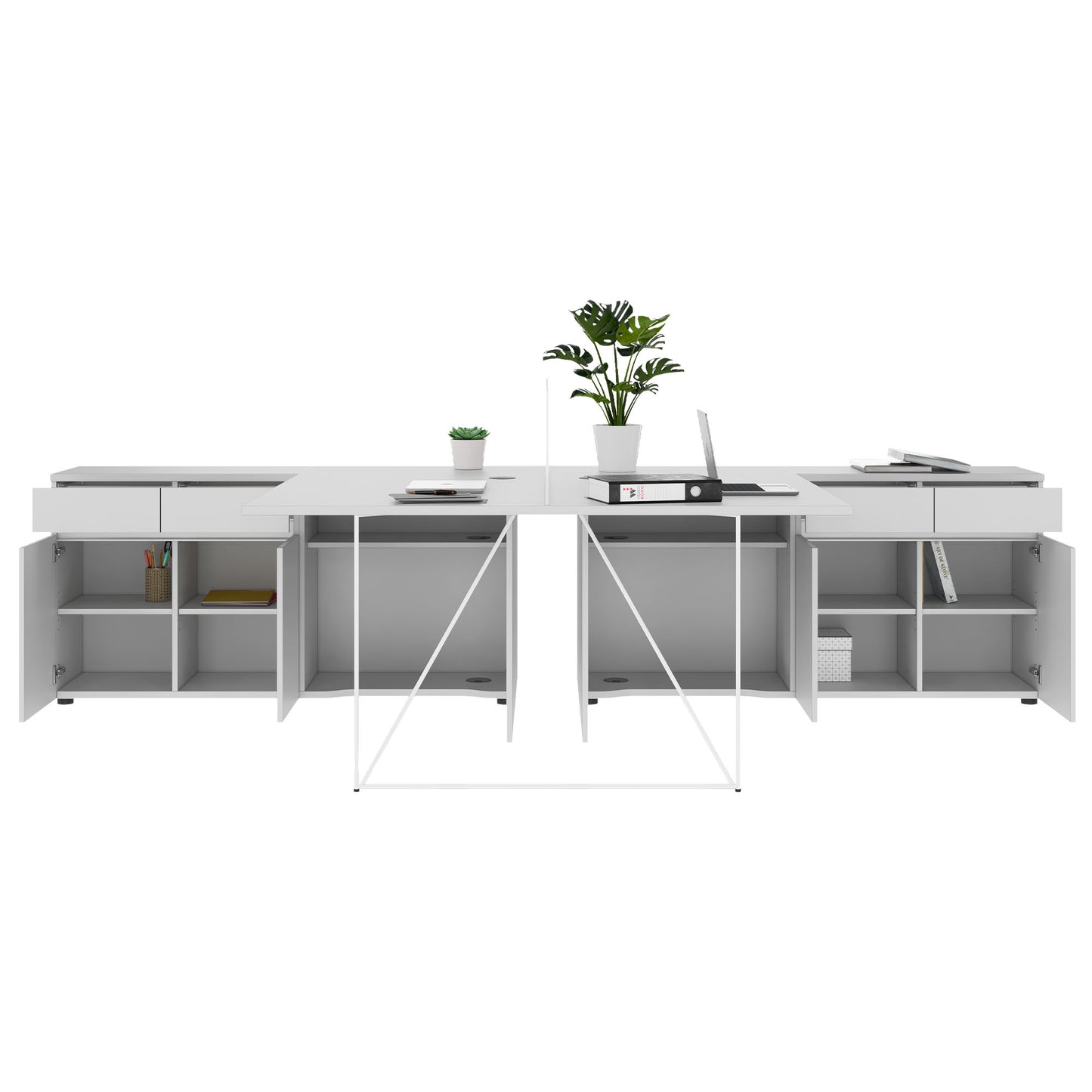 Air Duo Team Desk con sideboard | 1600 - 2000 x 3200 mm, elettrificato, grigio perla