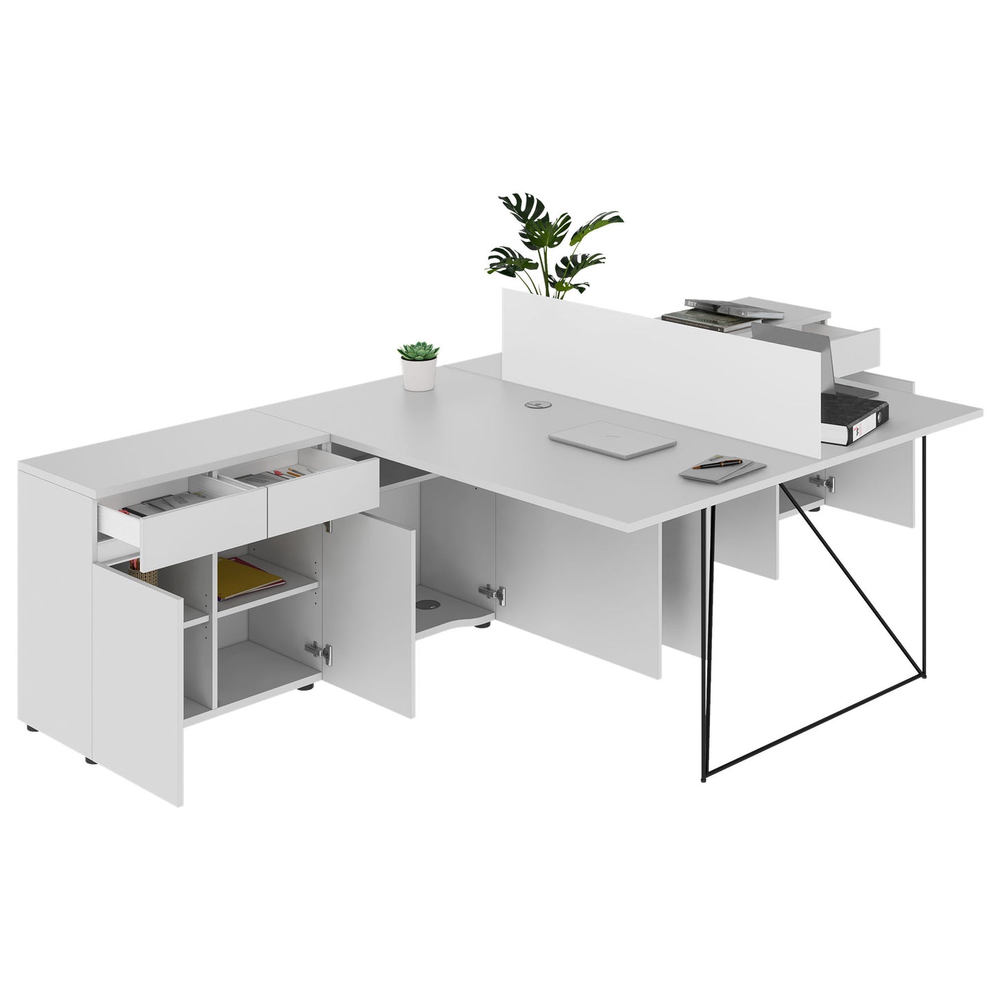 AIR DUO Team-Schreibtisch mit Sideboards | 1600 - 2000 x 3200 mm, elektrifiziert, Perlgrau