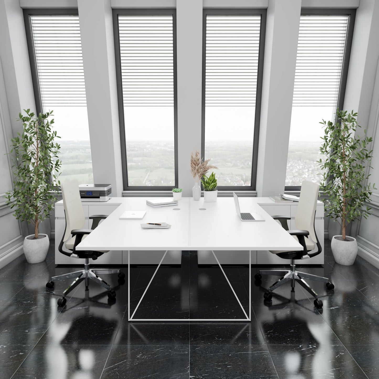 AIR DUO Team-Schreibtisch mit Sideboards | 1600 - 2000 x 3200 mm, elektrifiziert, Perlgrau