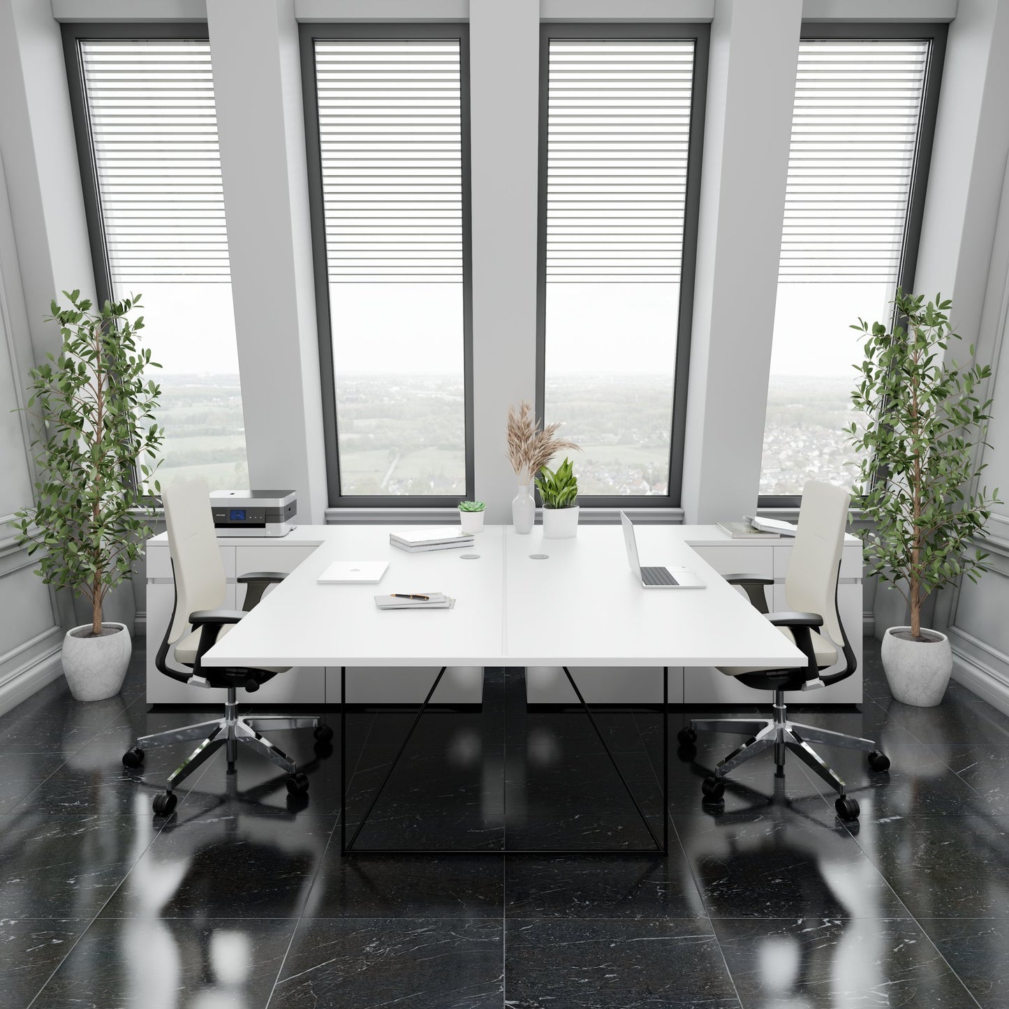 AIR DUO Team-Schreibtisch mit Sideboards | 1600 - 2000 x 3200 mm, elektrifiziert, Perlgrau