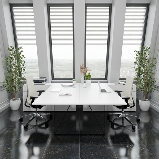 AIR DUO team desk with sideboards | 1600 - 2000 x 3200 mm, electrified, pearl gray