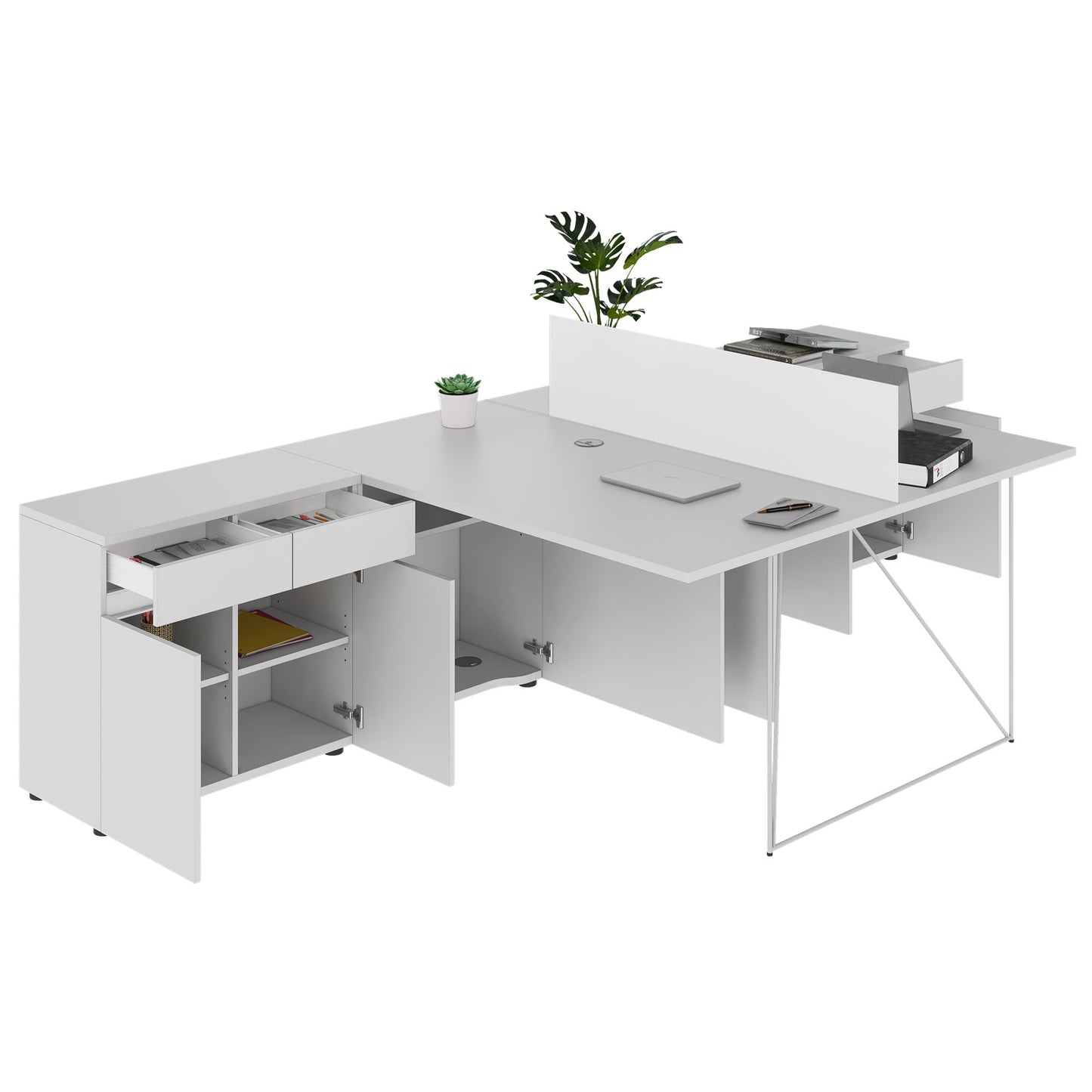 AIR DUO Team-Schreibtisch mit Sideboards | 1600 - 2000 x 3200 mm, elektrifiziert, Perlgrau