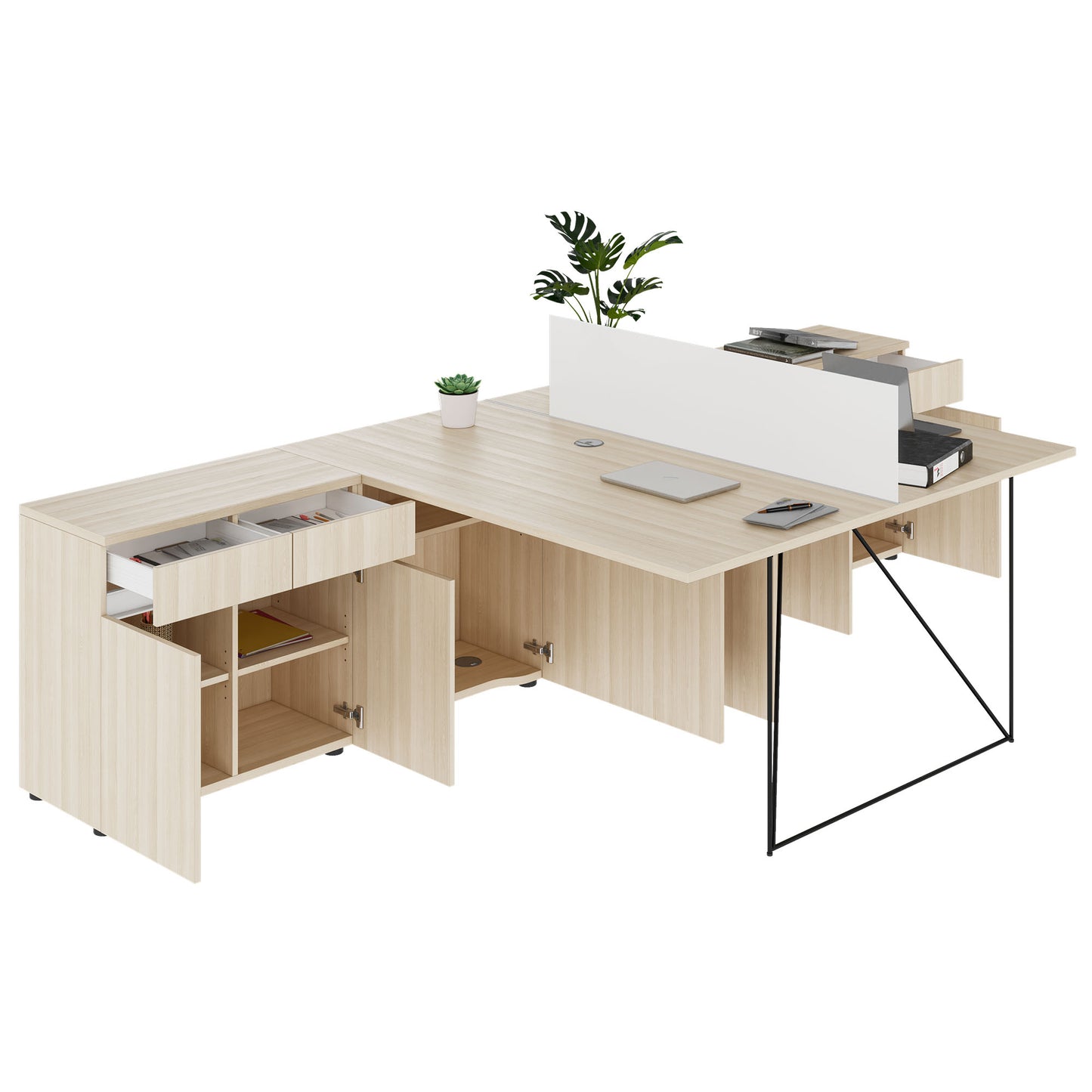 AIR DUO Team-Schreibtisch mit Sideboards | 1600 - 2000 x 3200 mm, elektrifiziert, Sandesche