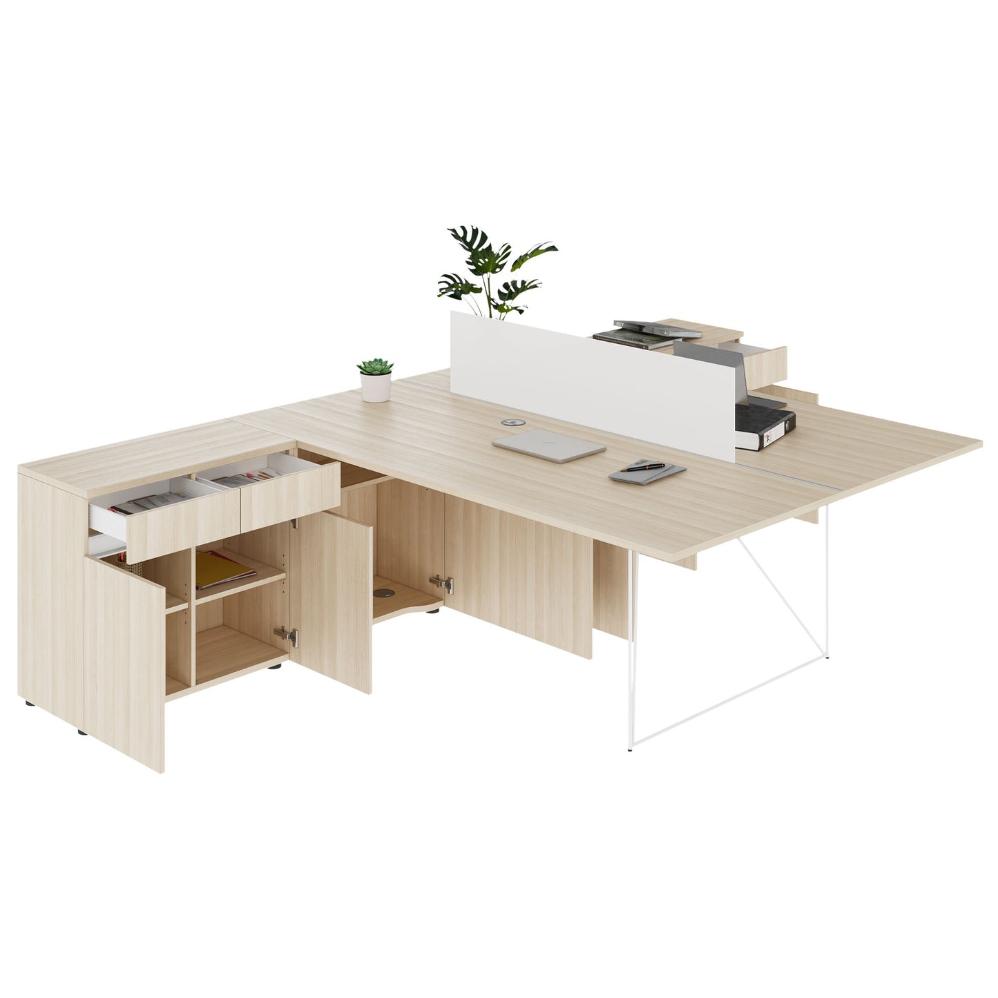 AIR DUO Desk del team con sideboard | 1600 - 2000 x 3200 mm, elettrificato, cenere di sabbia