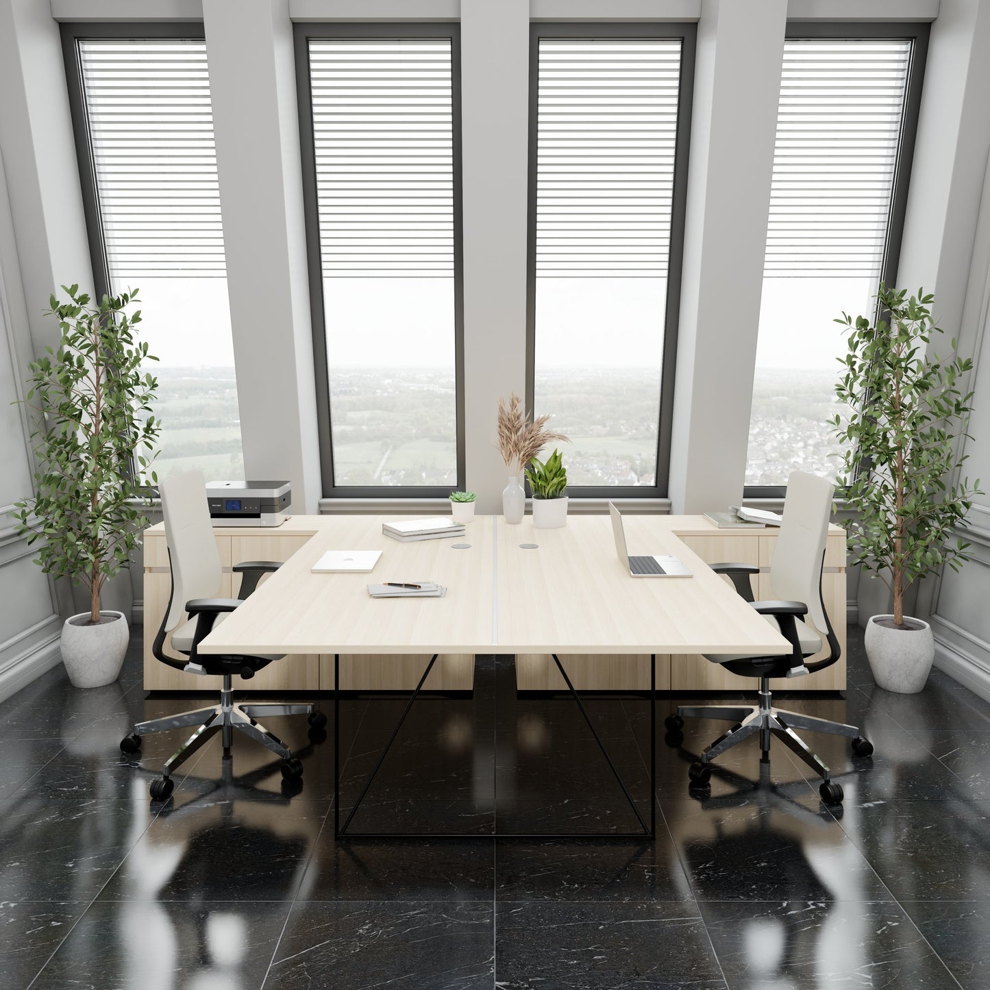 AIR DUO Desk del team con sideboard | 1600 - 2000 x 3200 mm, elettrificato, cenere di sabbia