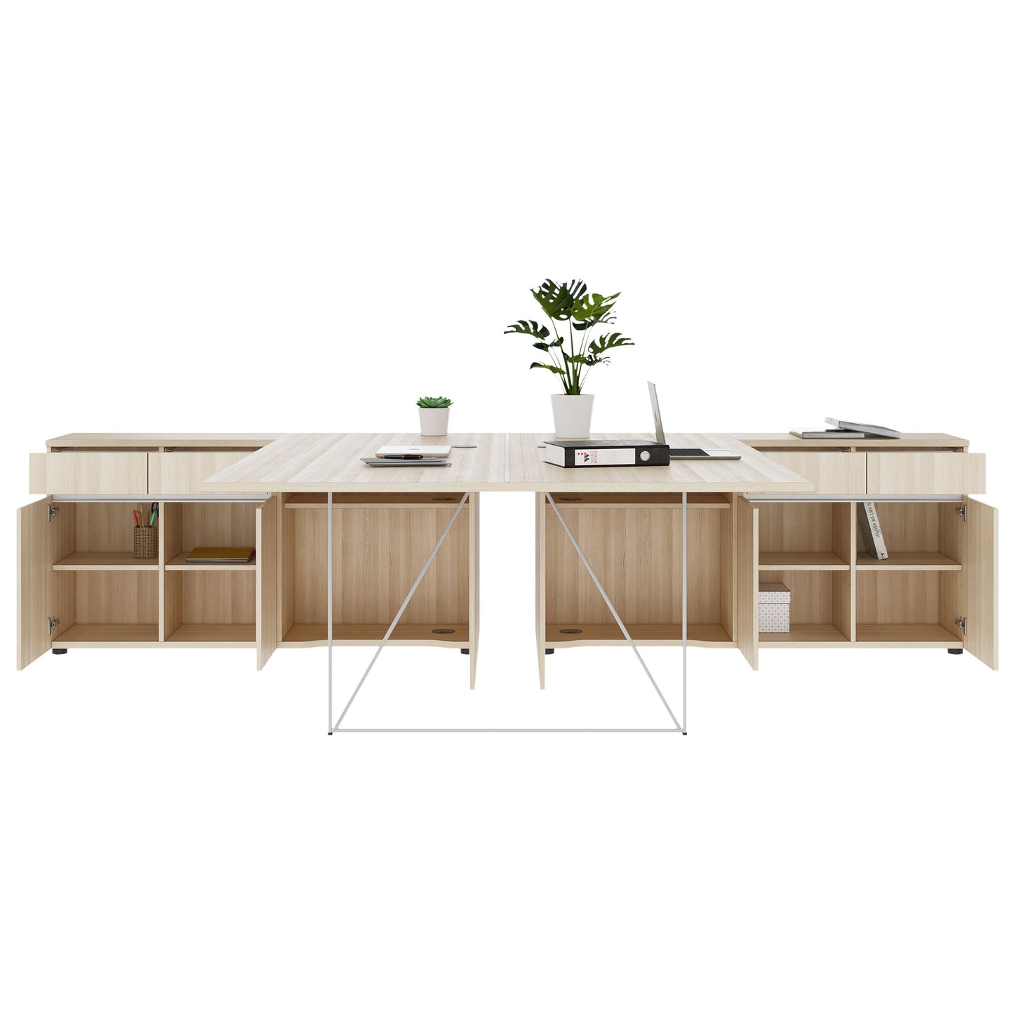 AIR DUO Team-Schreibtisch mit Sideboards | 1600 - 2000 x 3200 mm, elektrifiziert, Sandesche