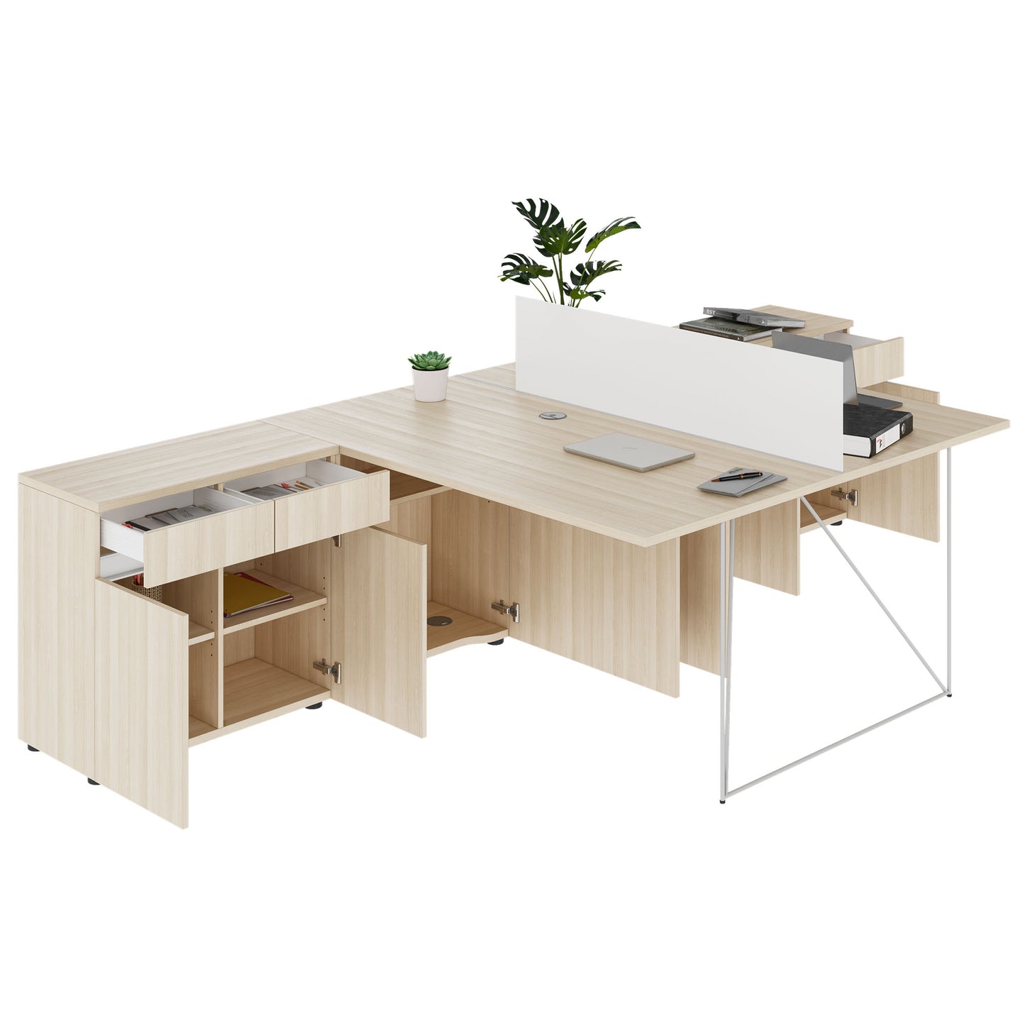 AIR DUO Team-Schreibtisch mit Sideboards | 1600 - 2000 x 3200 mm, elektrifiziert, Sandesche