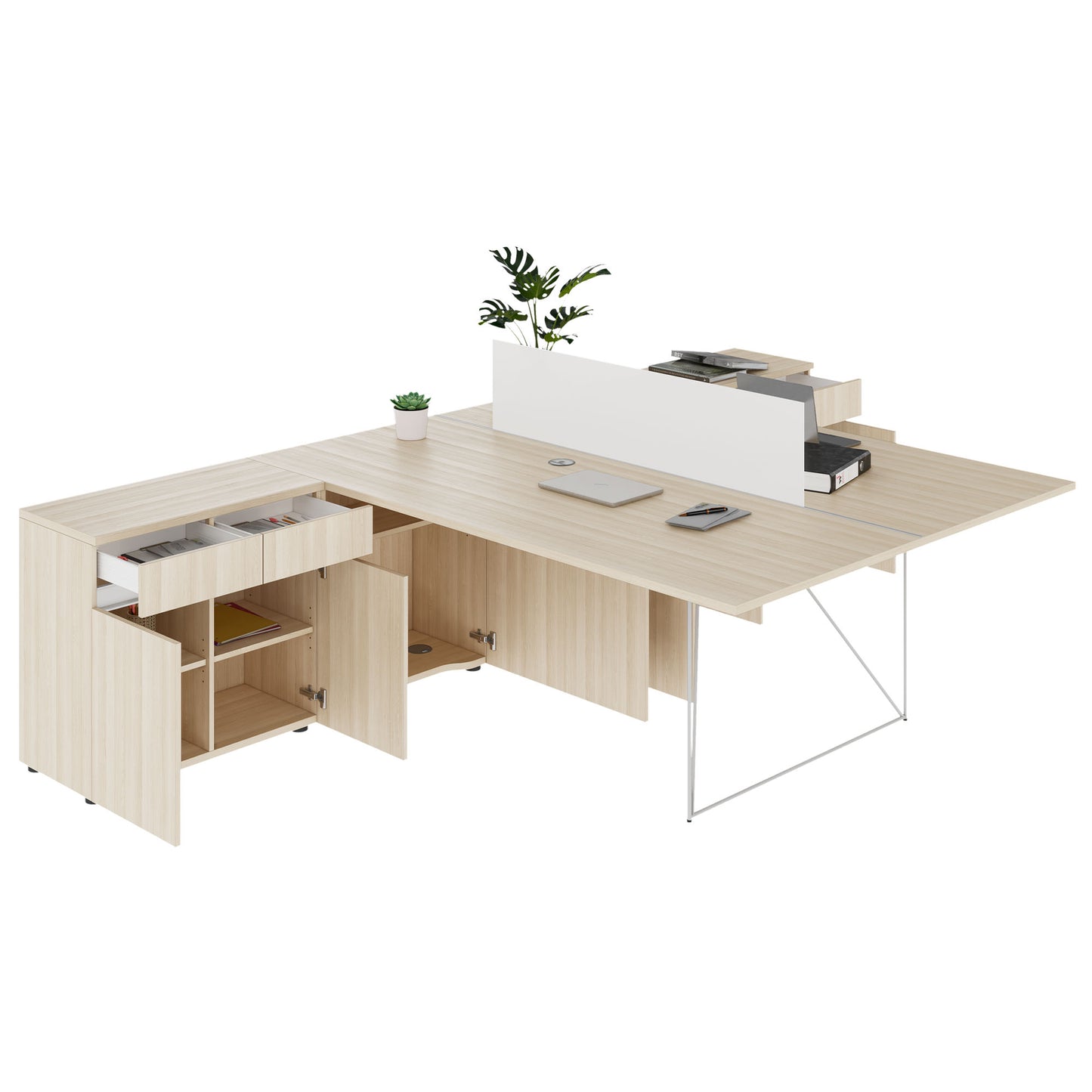 AIR DUO Team-Schreibtisch mit Sideboards | 1600 - 2000 x 3200 mm, elektrifiziert, Sandesche