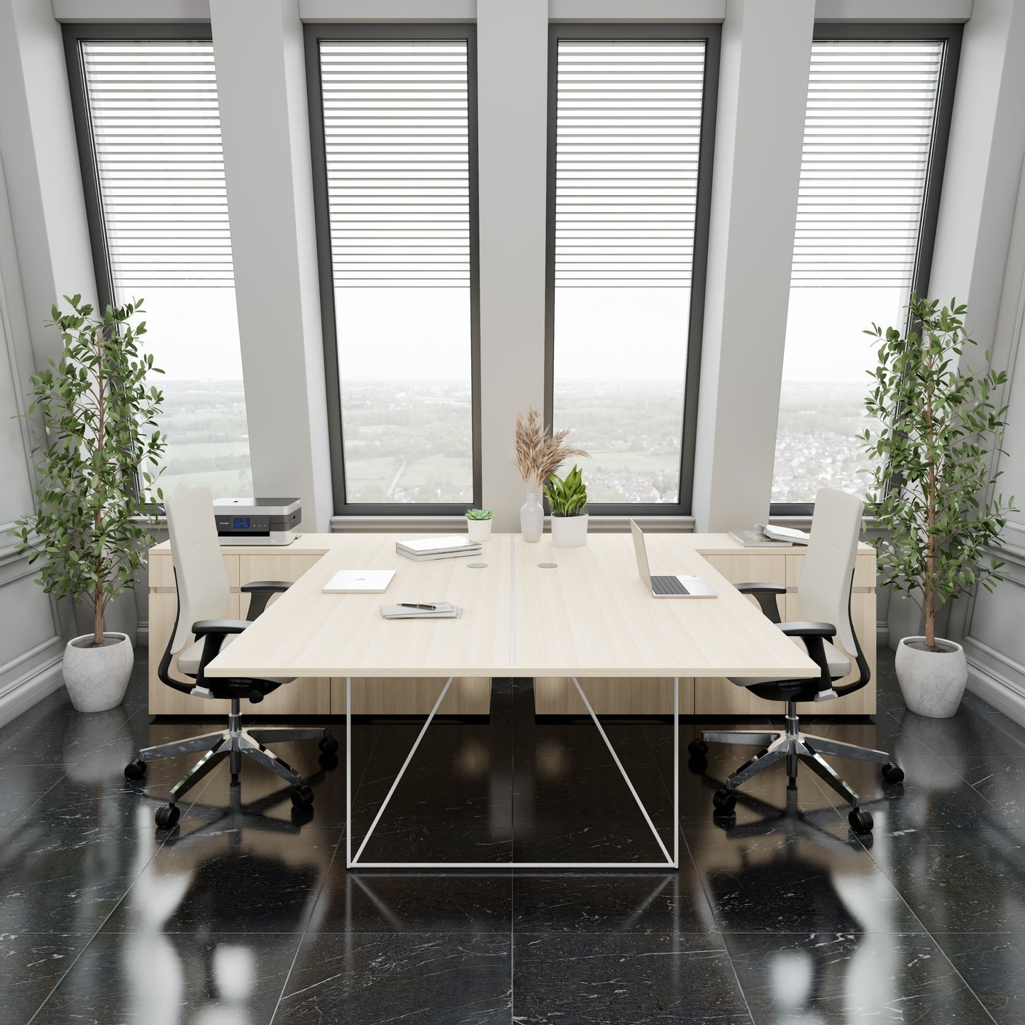 AIR DUO Desk del team con sideboard | 1600 - 2000 x 3200 mm, elettrificato, cenere di sabbia