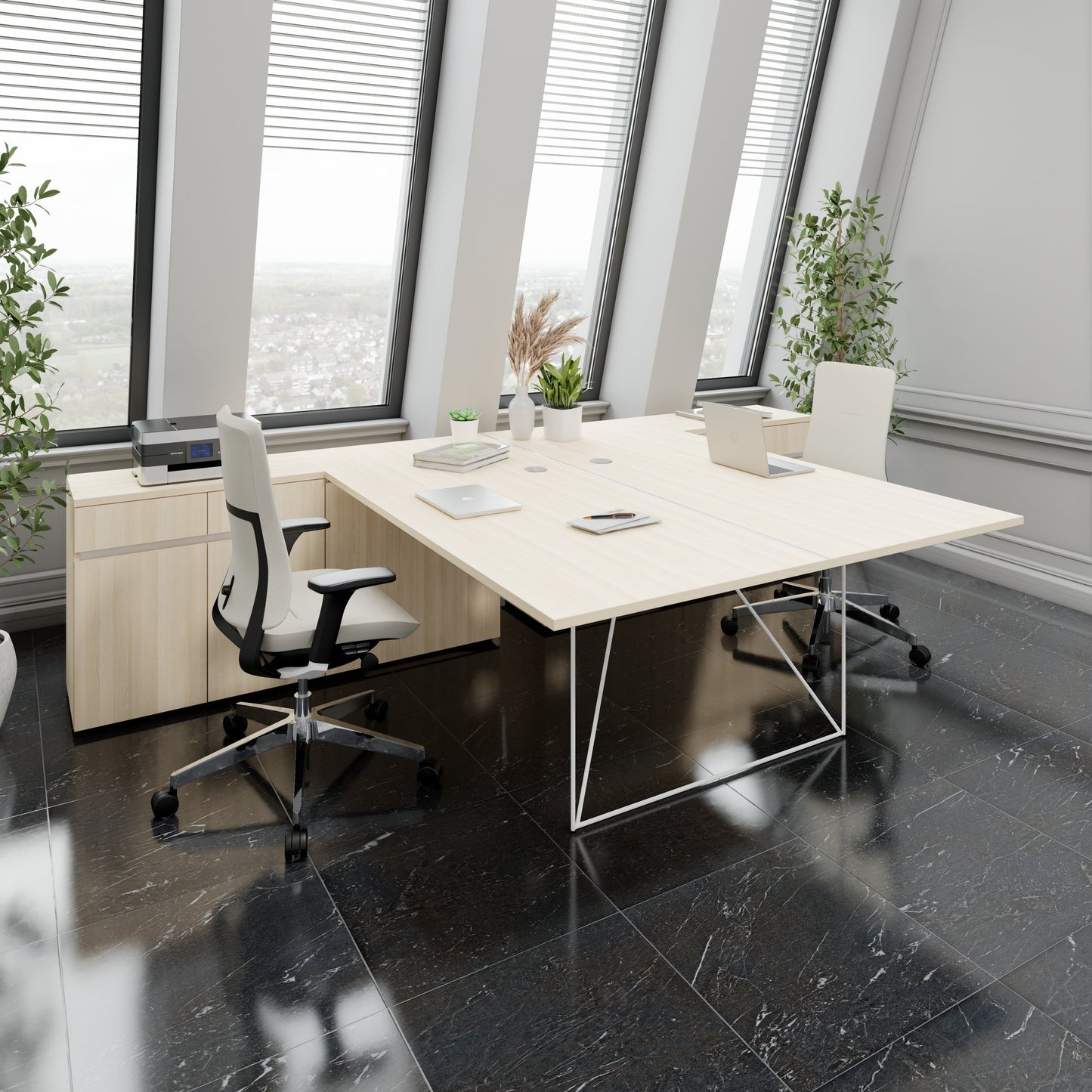 AIR DUO Desk del team con sideboard | 1600 - 2000 x 3200 mm, elettrificato, cenere di sabbia