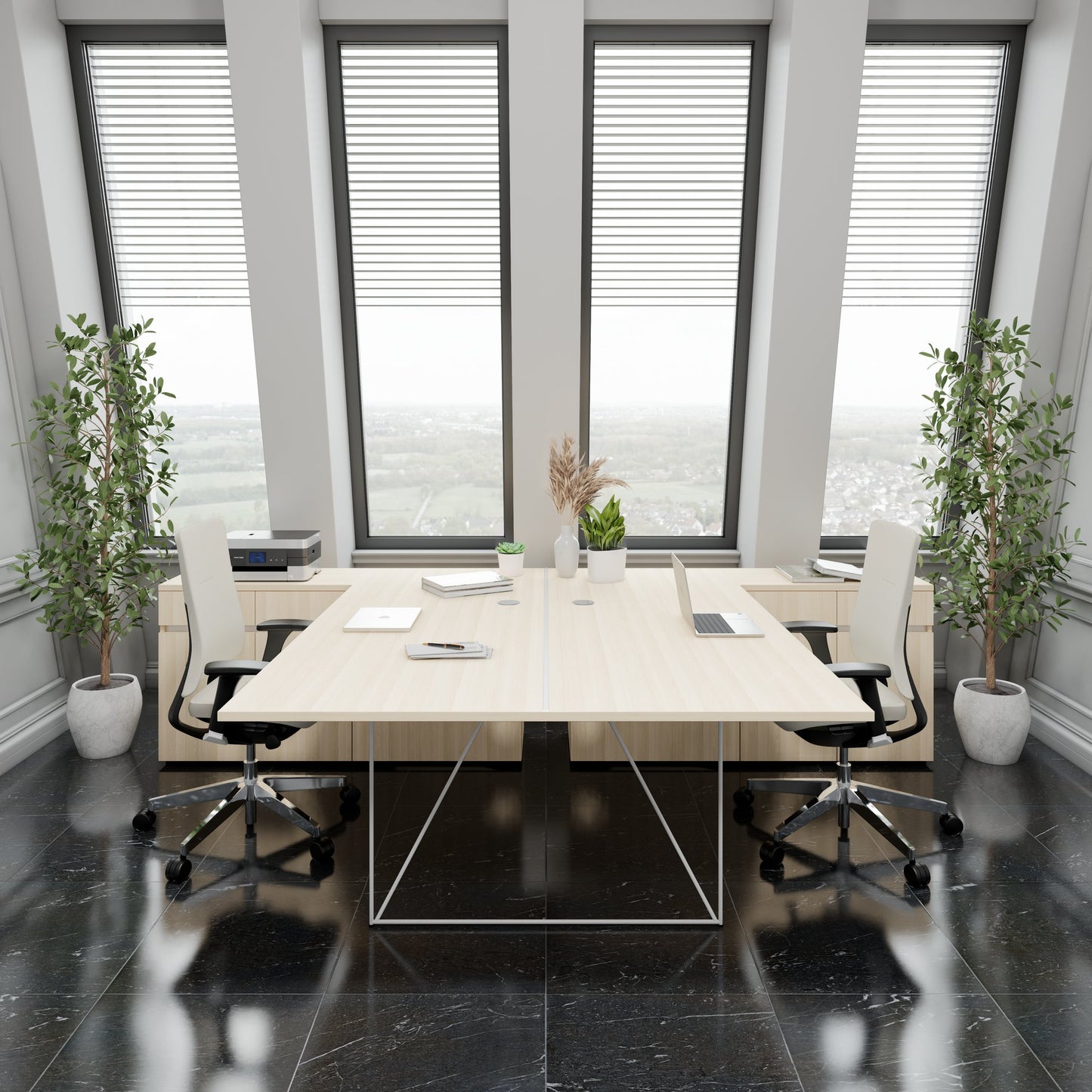 AIR DUO Desk del team con sideboard | 1600 - 2000 x 3200 mm, elettrificato, cenere di sabbia