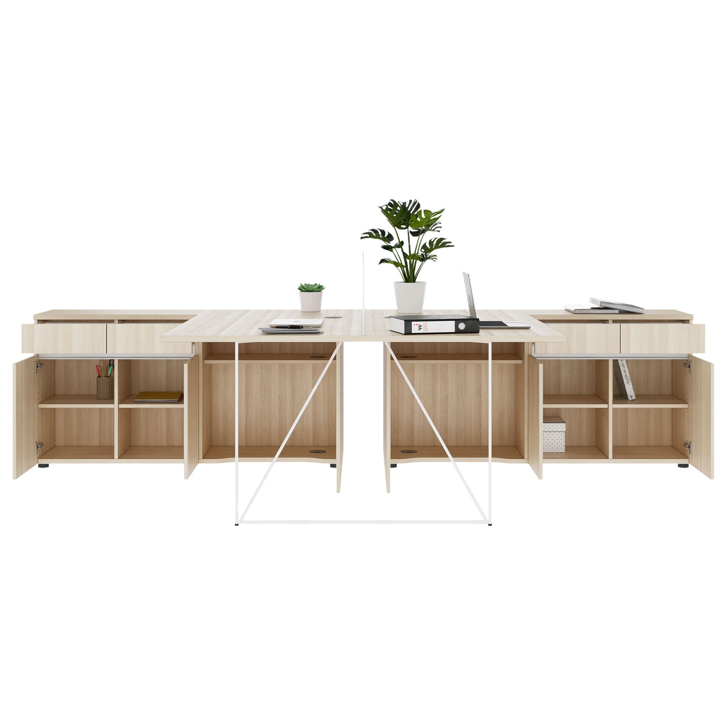 AIR DUO Team-Schreibtisch mit Sideboards | 1600 - 2000 x 3200 mm, elektrifiziert, Sandesche