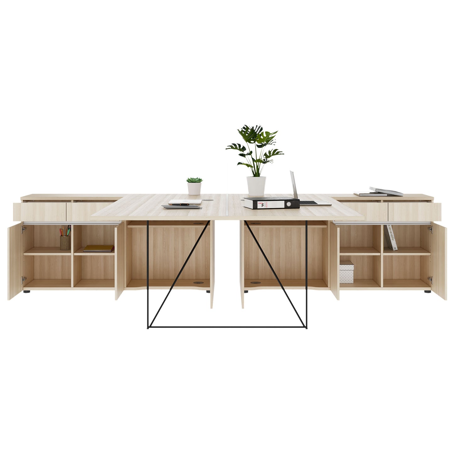 AIR DUO Desk del team con sideboard | 1600 - 2000 x 3200 mm, elettrificato, cenere di sabbia