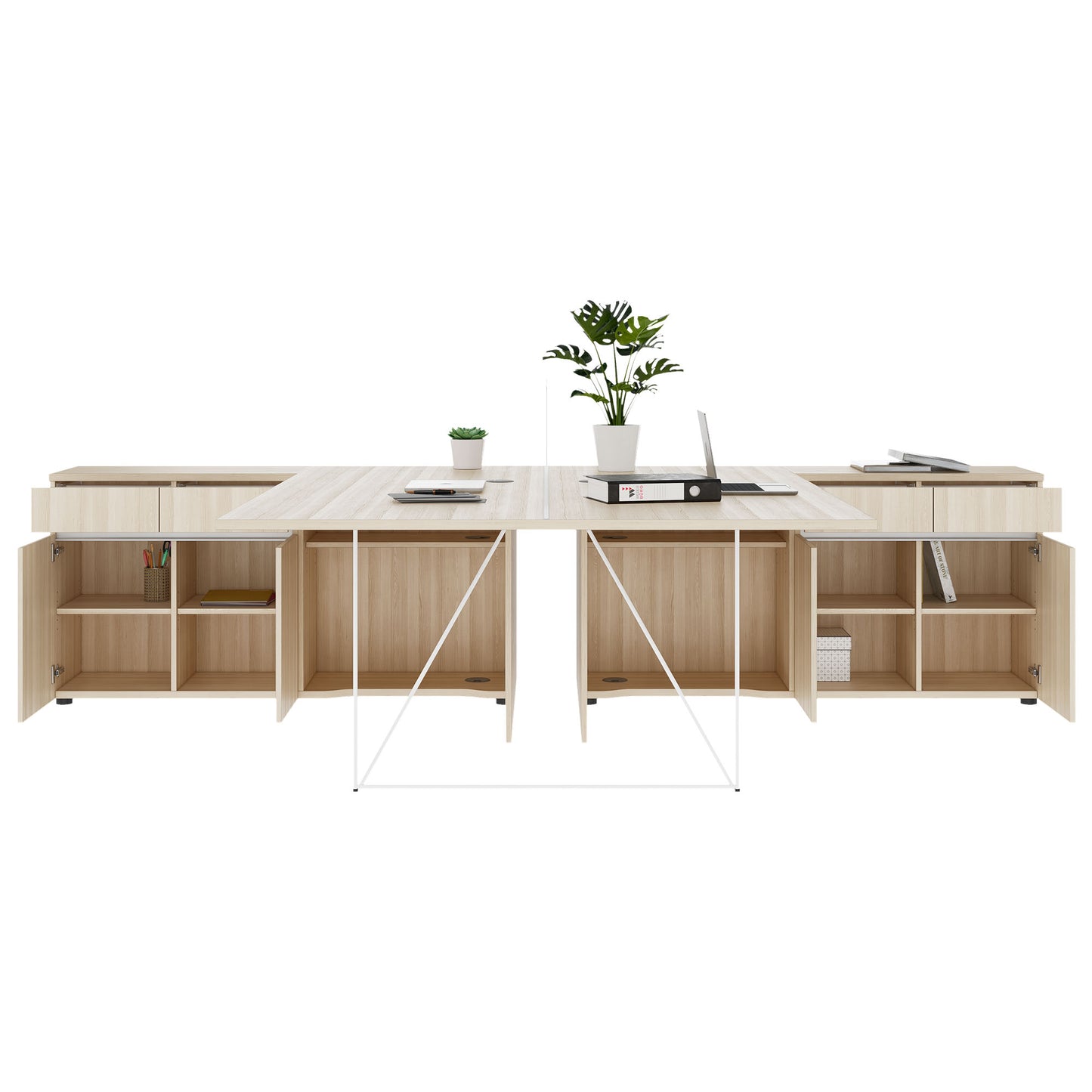 AIR DUO Team-Schreibtisch mit Sideboards | 1600 - 2000 x 3200 mm, elektrifiziert, Sandesche