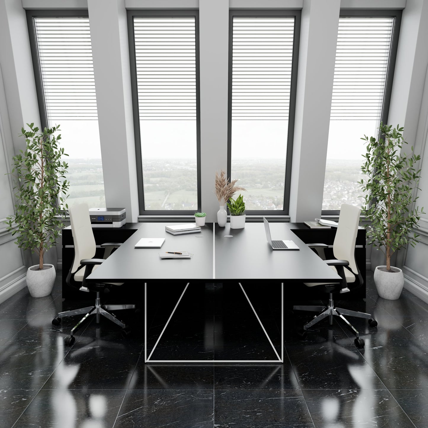 AIR DUO Team-Schreibtisch mit Sideboards | 1600 - 2000 x 3200 mm, elektrifiziert, Schwarz