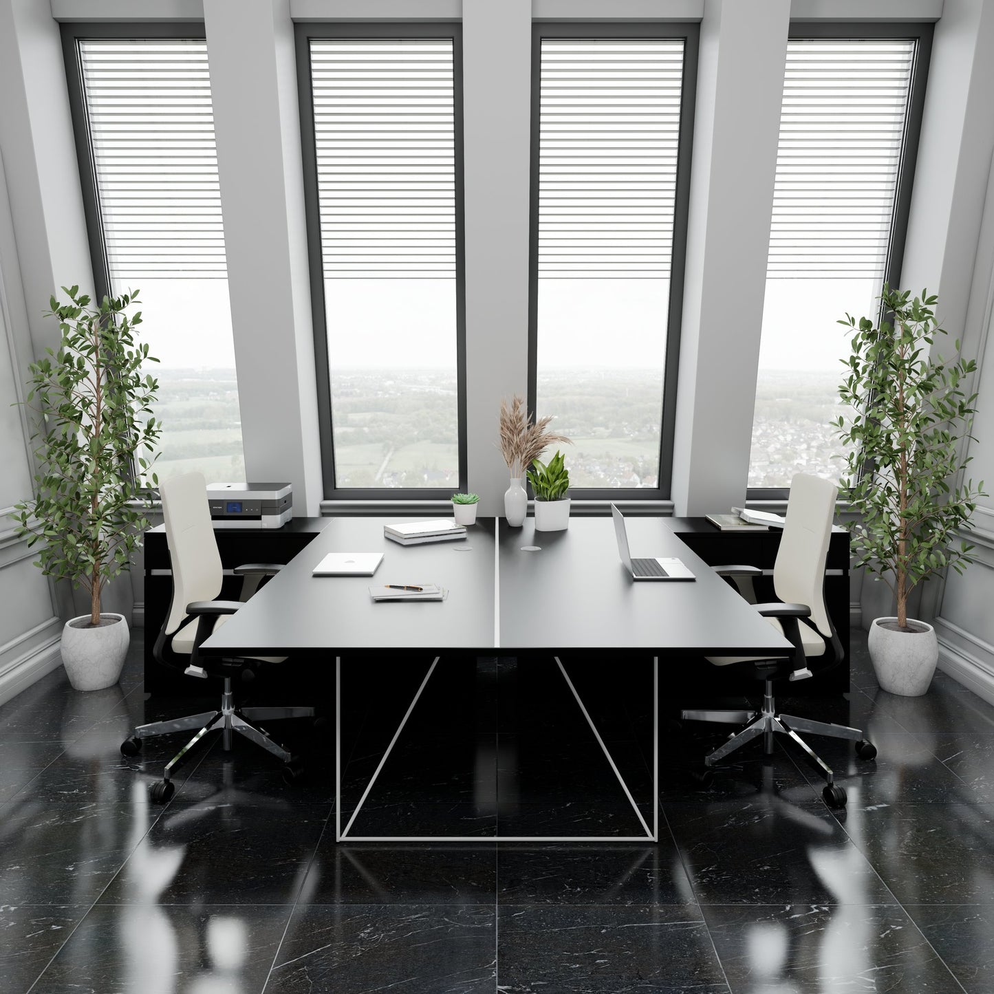 AIR DUO Team-Schreibtisch mit Sideboards | 1600 - 2000 x 3200 mm, elektrifiziert, Schwarz