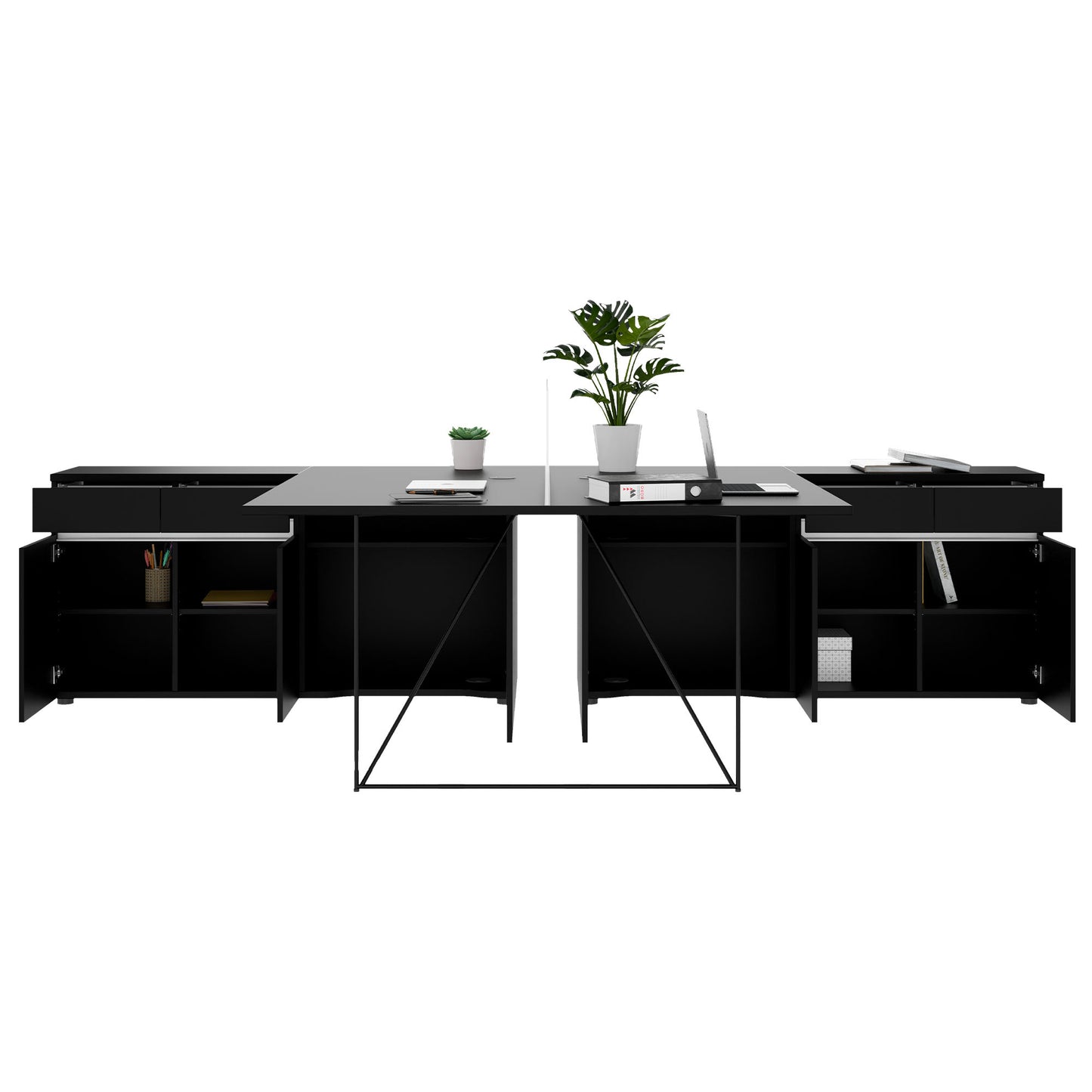 AIR DUO Team-Schreibtisch mit Sideboards | 1600 - 2000 x 3200 mm, elektrifiziert, Schwarz