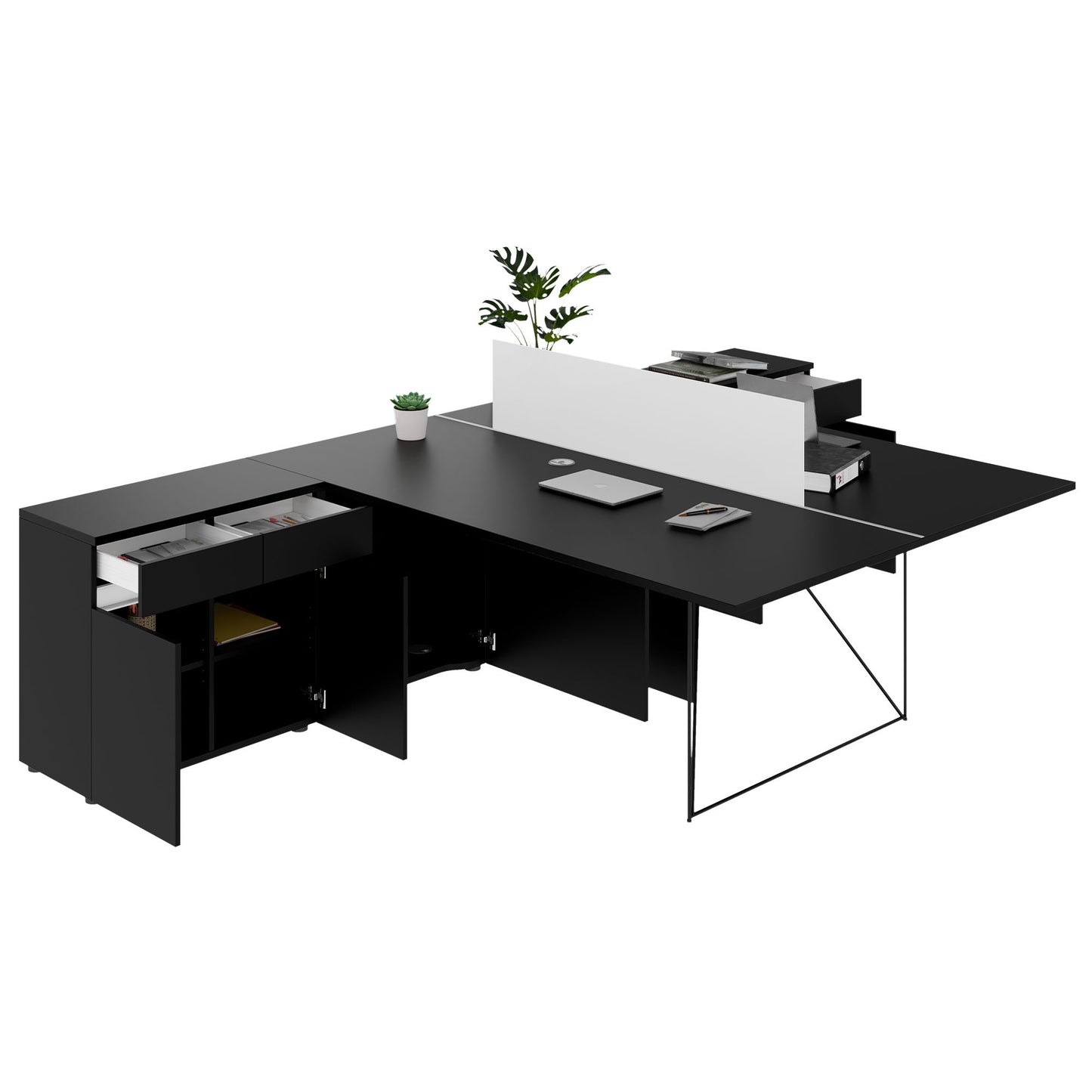 AIR DUO Team-Schreibtisch mit Sideboards | 1600 - 2000 x 3200 mm, elektrifiziert, Schwarz